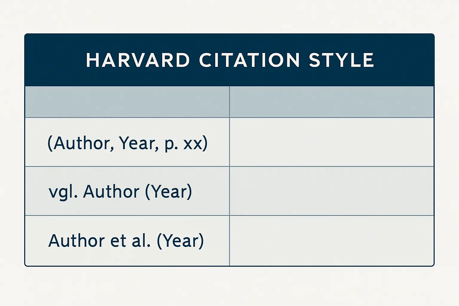 Beispieltabelle der Harvard-Zitierweise: Direktzitat, Paraphrase mit vgl. und Mehrfachautoren mit et al. im Überblick