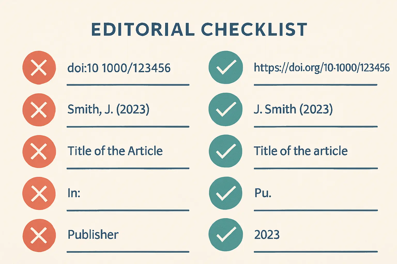 Checkliste der häufigsten APA-7-Fehler in Bachelorarbeiten: veraltetes DOI-Kurzformat versus korrekter https://doi.org/-URL, fehlende Seitenzahl bei direkten Zitaten, falsches et-al.-Muster aus APA 6 sowie fehlender oder falscher Kursivsatz