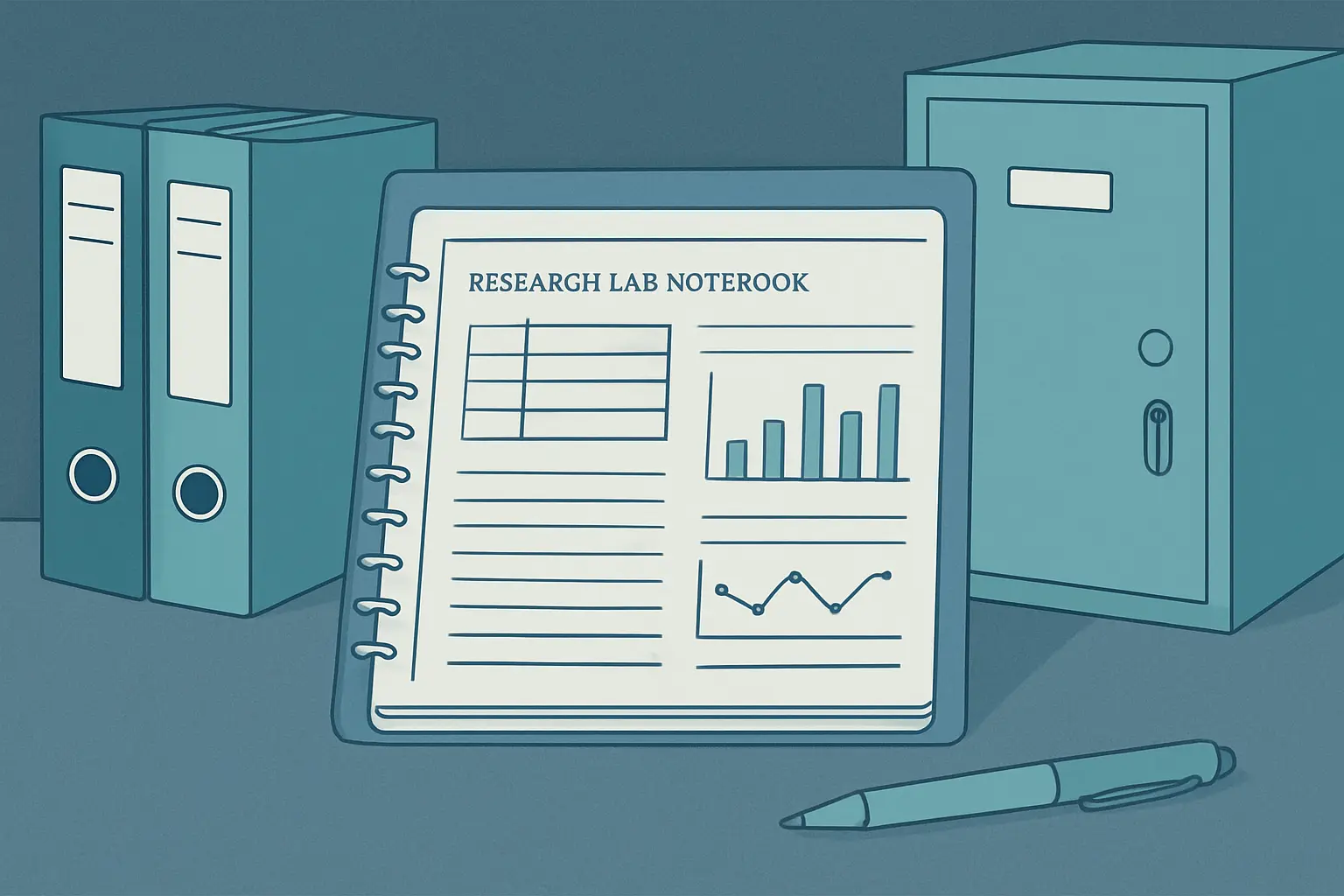 Illustration sauberer Datendokumentation: strukturiertes Forschungstagebuch, Rohdatenarchivierung und Versionierung in der Wissenschaft