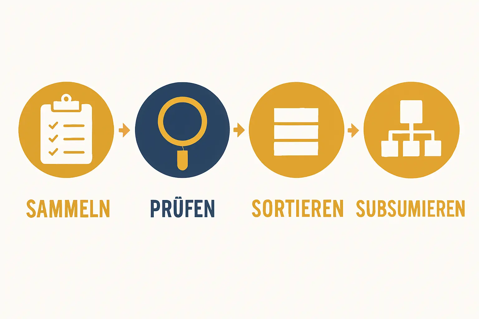 SPSS-Schema nach Helfferich zur Entwicklung von Interviewfragen: Sammeln, Prüfen, Sortieren und Subsumieren als Vier-Schritte-Methode