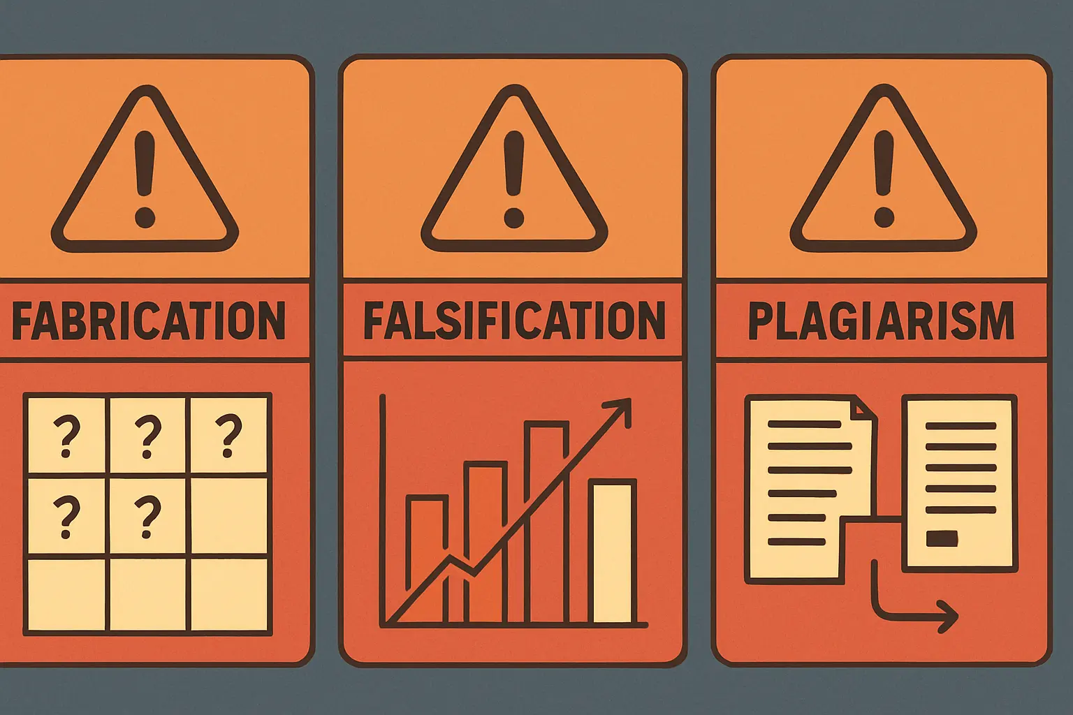 Drei Formen schweren wissenschaftlichen Fehlverhaltens: Fabrikation (Erfinden von Daten), Fälschung (Manipulieren von Daten) und Plagiarismus (Übernahme ohne Quellenangabe)