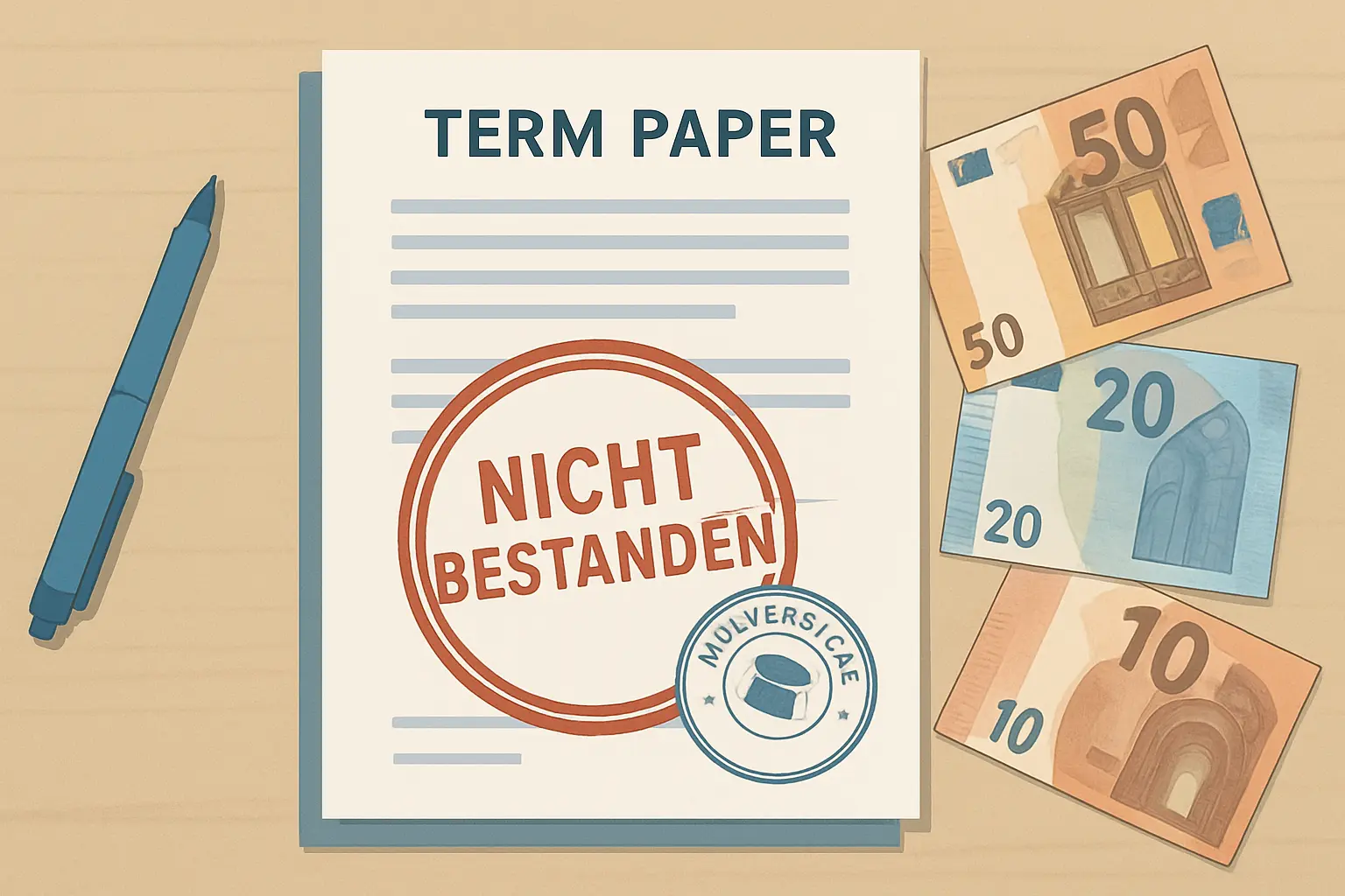 Illustration: Hausarbeit mit rotem Warnsiegel und Euroscheinen symbolisiert die Kosten und Risiken des Ghostwritings