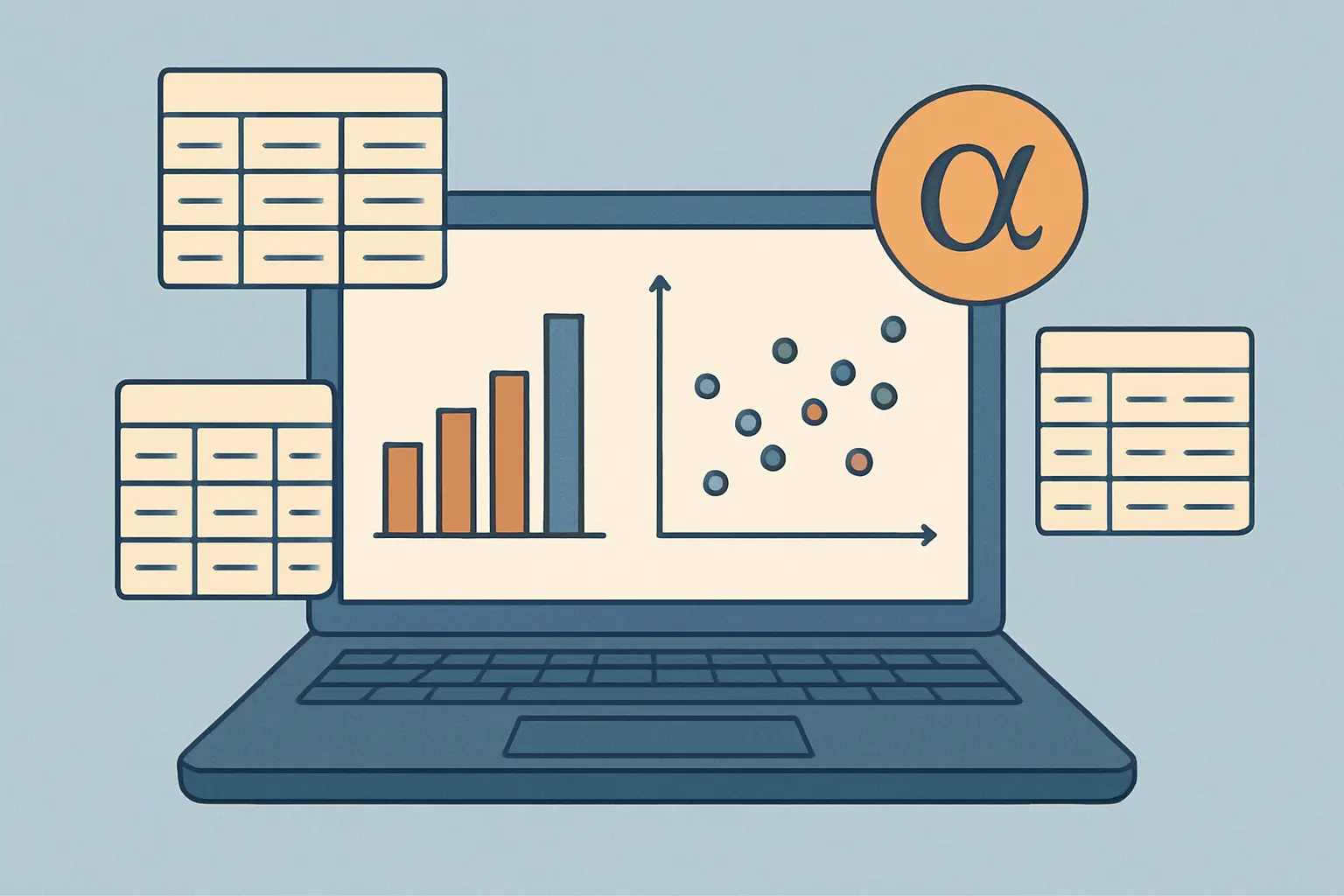 Statistische Auswertung eines Fragebogens: Balkendiagramme und Streudiagramm auf einem Bildschirm symbolisieren die quantitative Datenanalyse mit SPSS, JASP oder R für die Abschlussarbeit