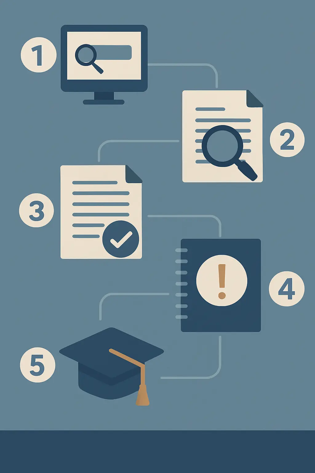 Fünf-Schritte-Workflow für den verantwortungsvollen Einsatz von KI bei der Bachelorarbeit: eigenständige Literaturrecherche, KI als Formulierungsassistent, manuelle Quellenprüfung, Transparenzdokumentation und Eigenständigkeits-Selbstcheck vor der Abgabe