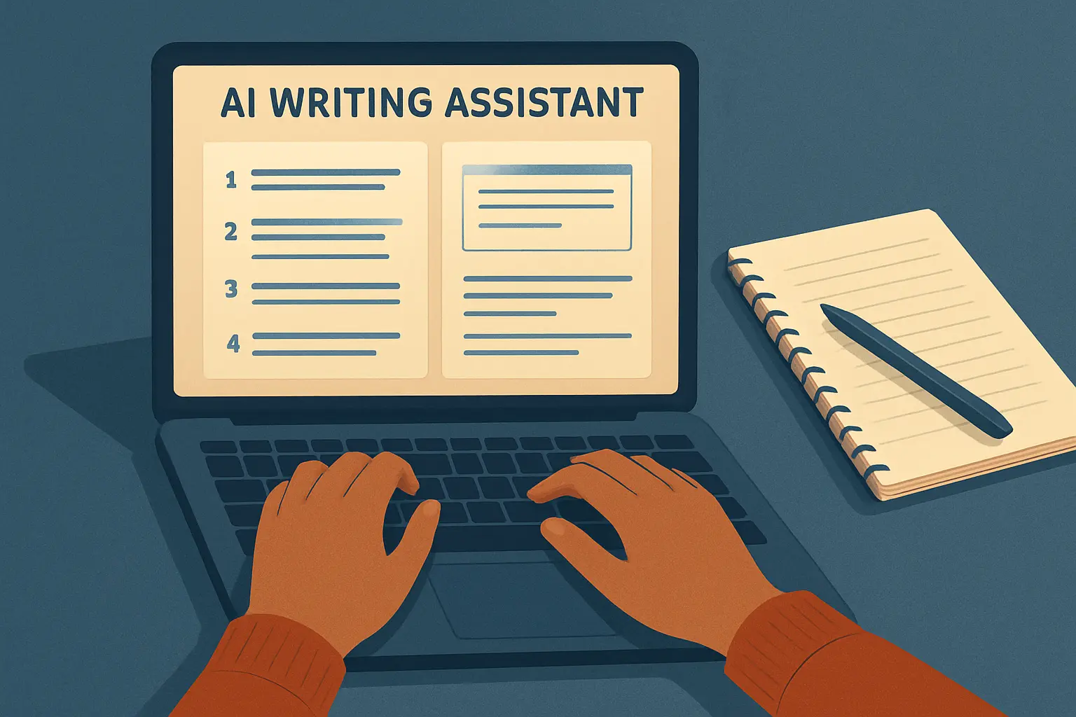 Illustration: Studierende nutzt einen KI-Schreibassistenten auf dem Laptop für die eigenständige Hausarbeit