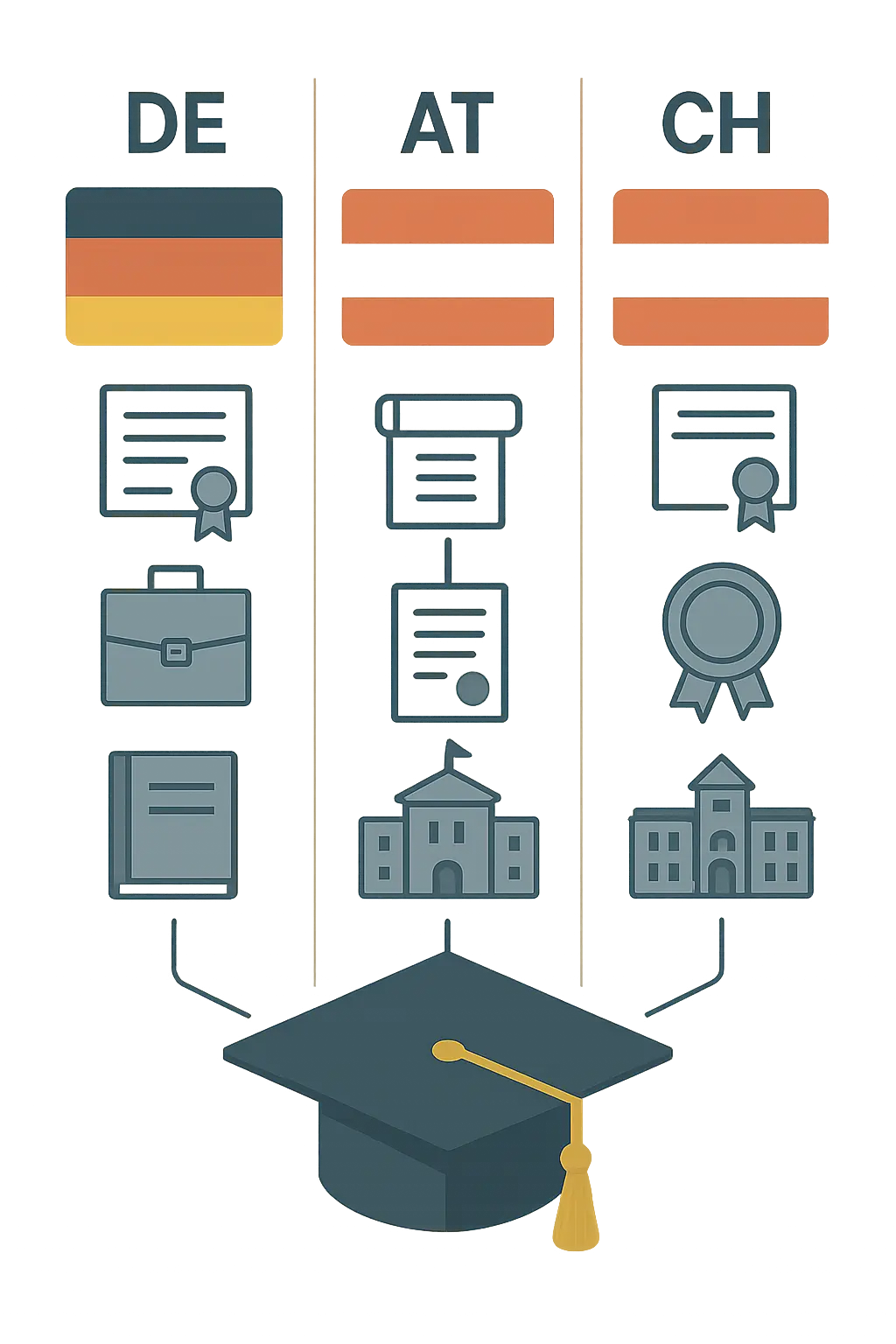 DACH-Vergleich der Zugangswege zum Studium ohne Abitur: Deutschland (Meister, Berufserfahrung, Eignungsprüfung), Österreich (Berufsreifeprüfung, SBP, FH-Direktzugang) und Schweiz (Berufsmaturität, Passerelle)