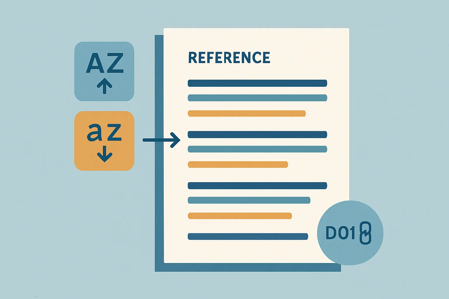 Visualisierung der APA-7-Literaturverzeichnis-Formatierung: hängender Einzug, alphabetische Sortierung nach Autorenname, kursiver Zeitschriftentitel und vollständige DOI-URL als https://doi.org/…-Angabe für die Abschlussarbeit