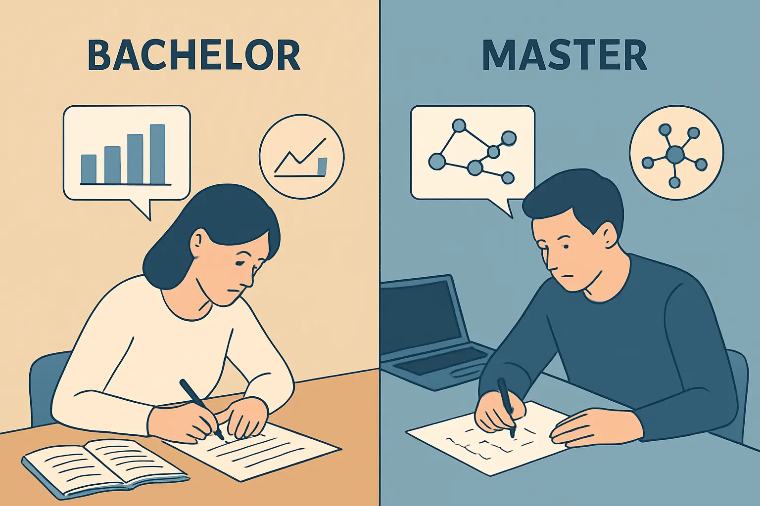 Vergleich wissenschaftlicher Anspruch: Bachelorarbeit Methodenkompetenz vs. Masterarbeit eigenständiger Forschungsbeitrag