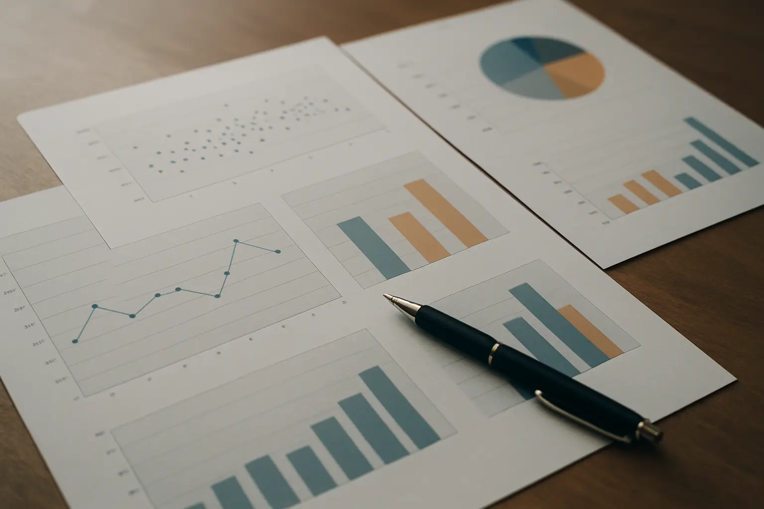 Schreibtisch mit ausgedruckten Diagrammen und Statistikplots einer psychologischen Studie