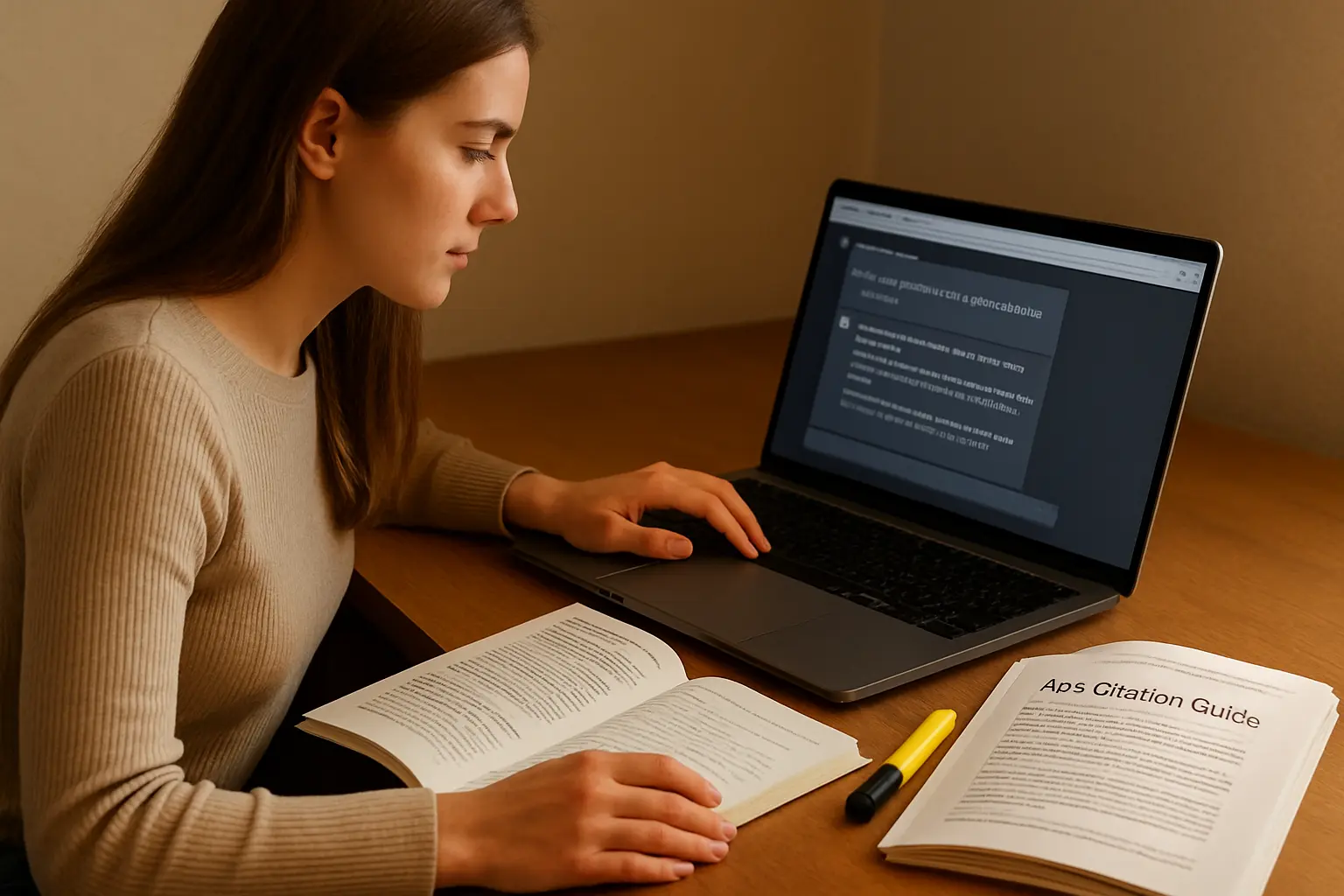 Studentin vergleicht eine ChatGPT-Antwort mit den APA-Zitierregeln für ihre Abschlussarbeit