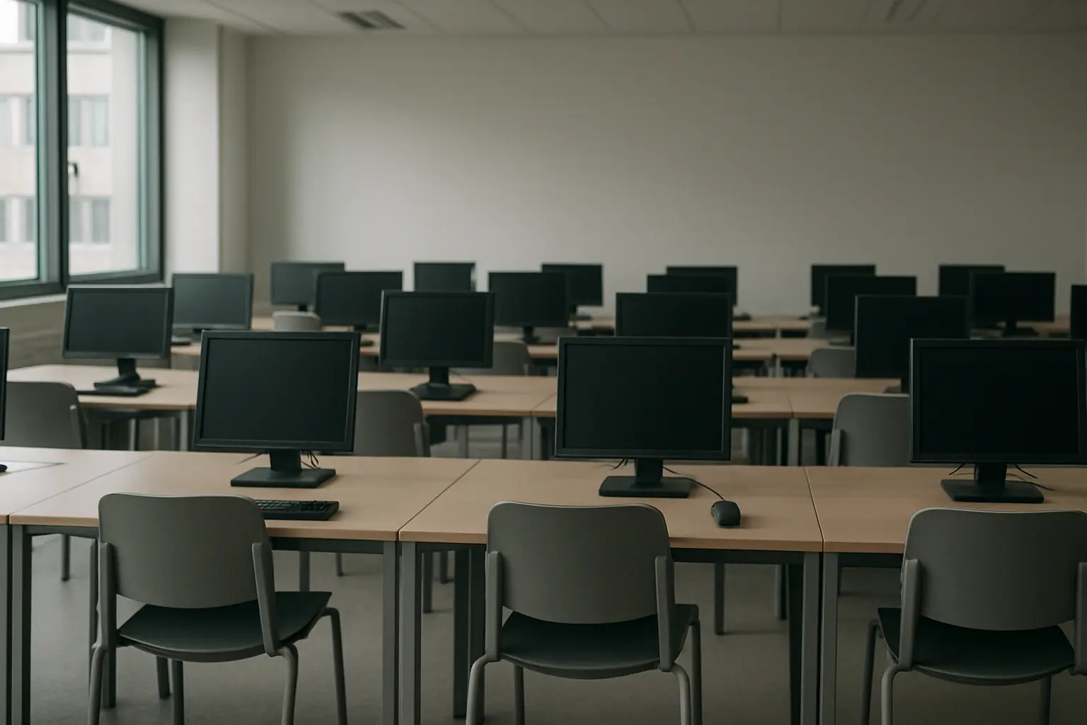 Computerraum einer Universität mit mehreren Arbeitsplätzen in Reihen