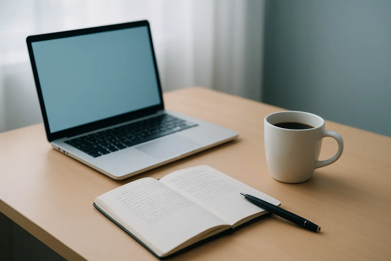 Heller Arbeitsplatz mit Laptop und Notizbuch