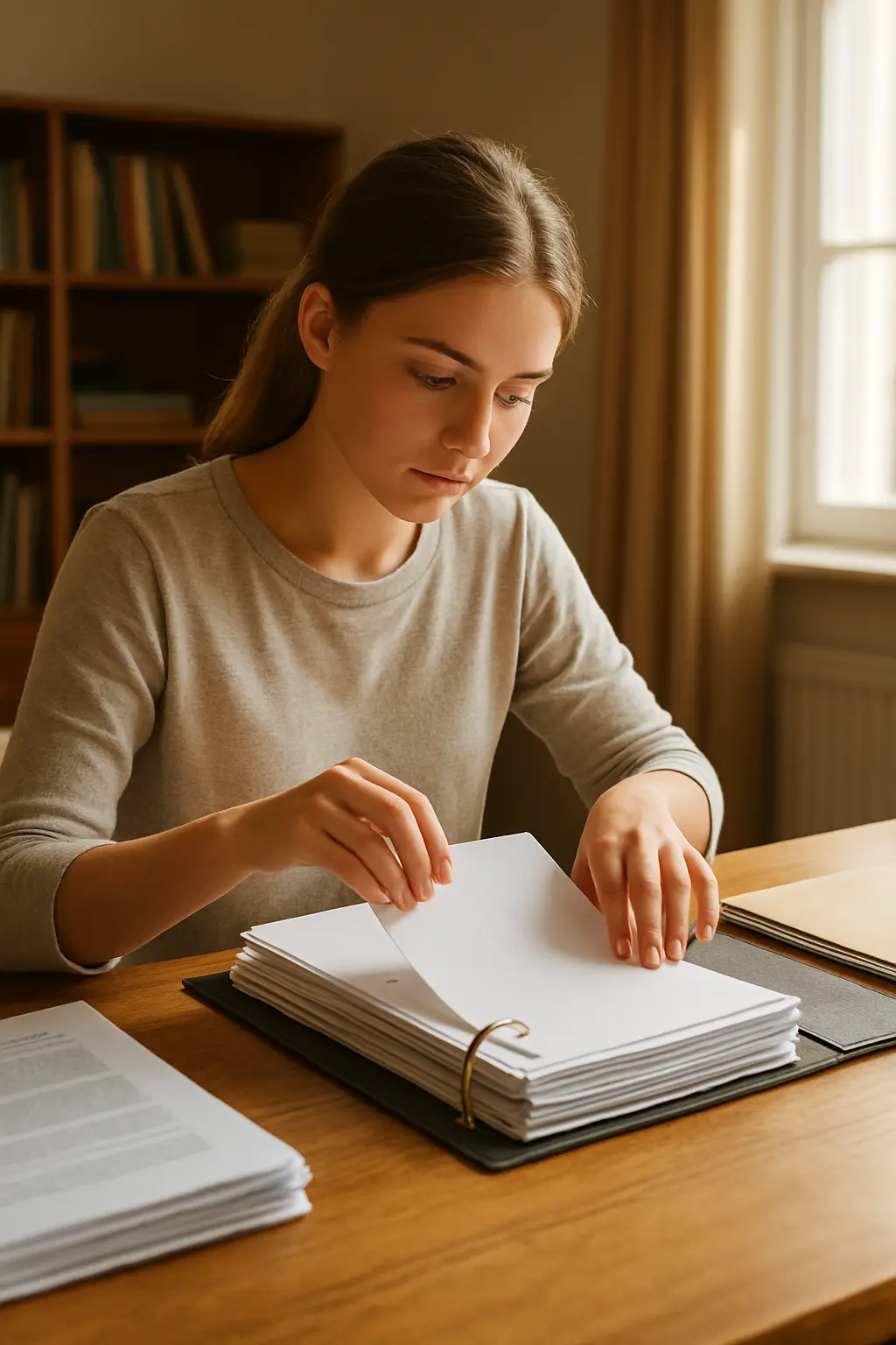 Student ordnet Anhangsmaterialien in einem Ordner an einem Schreibtisch
