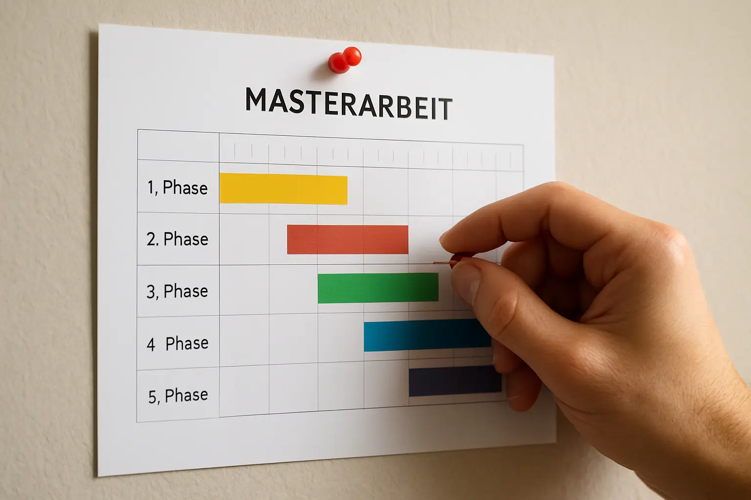 Gantt-Zeitplan mit fünf Phasen für die Masterarbeit an einer Pinnwand