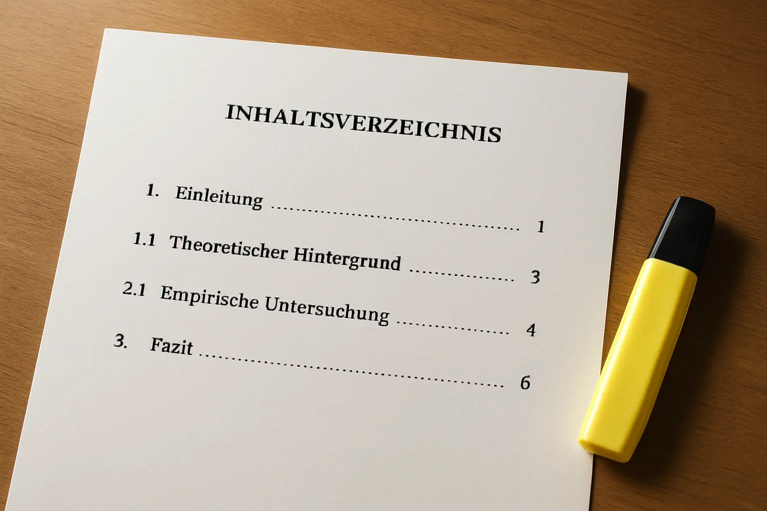 Ausgedrucktes Inhaltsverzeichnis mit automatisch nummerierten Kapiteln einer Abschlussarbeit