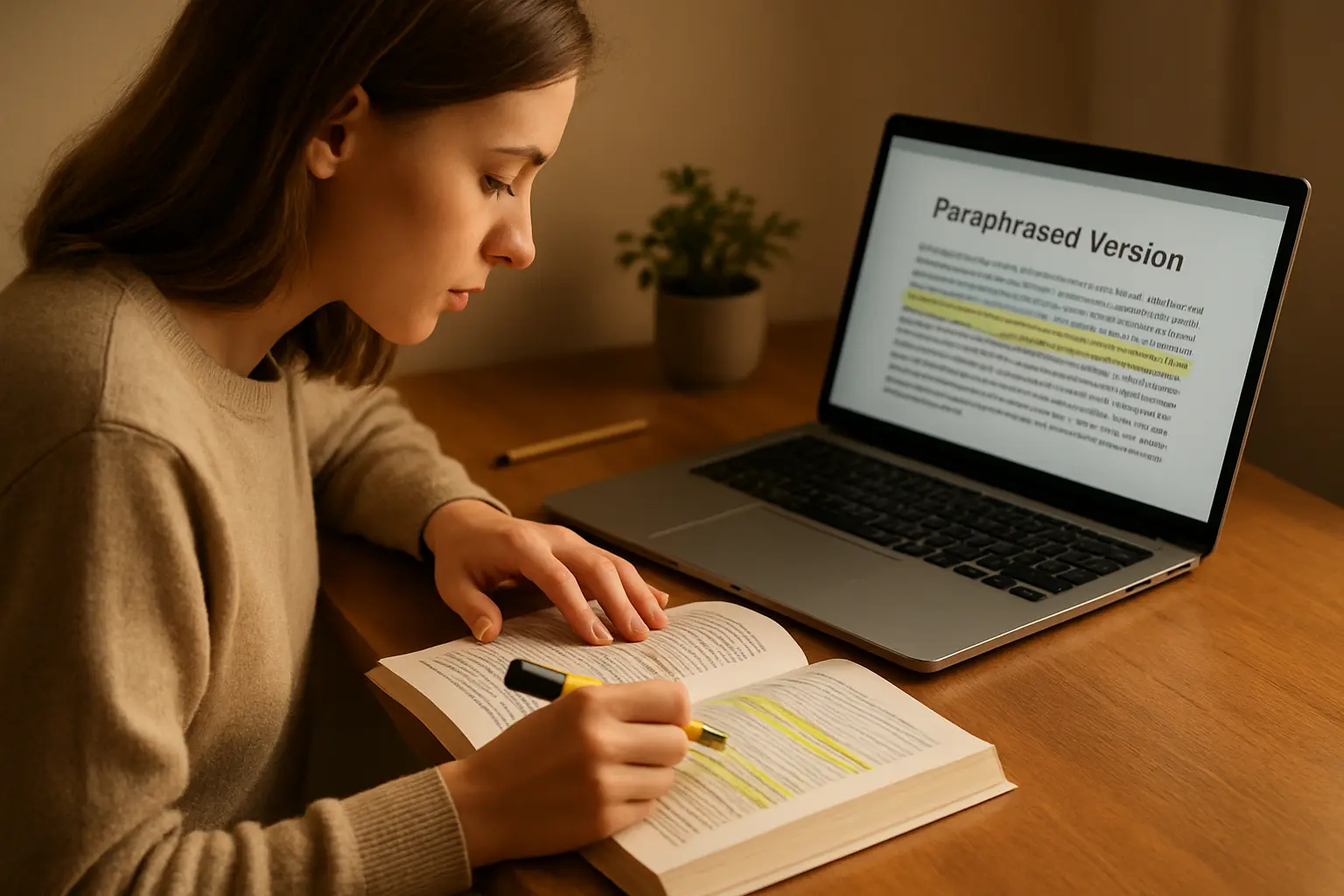 Studentin vergleicht einen Originaltext mit ihrer eigenen paraphrasierten Version am Laptop