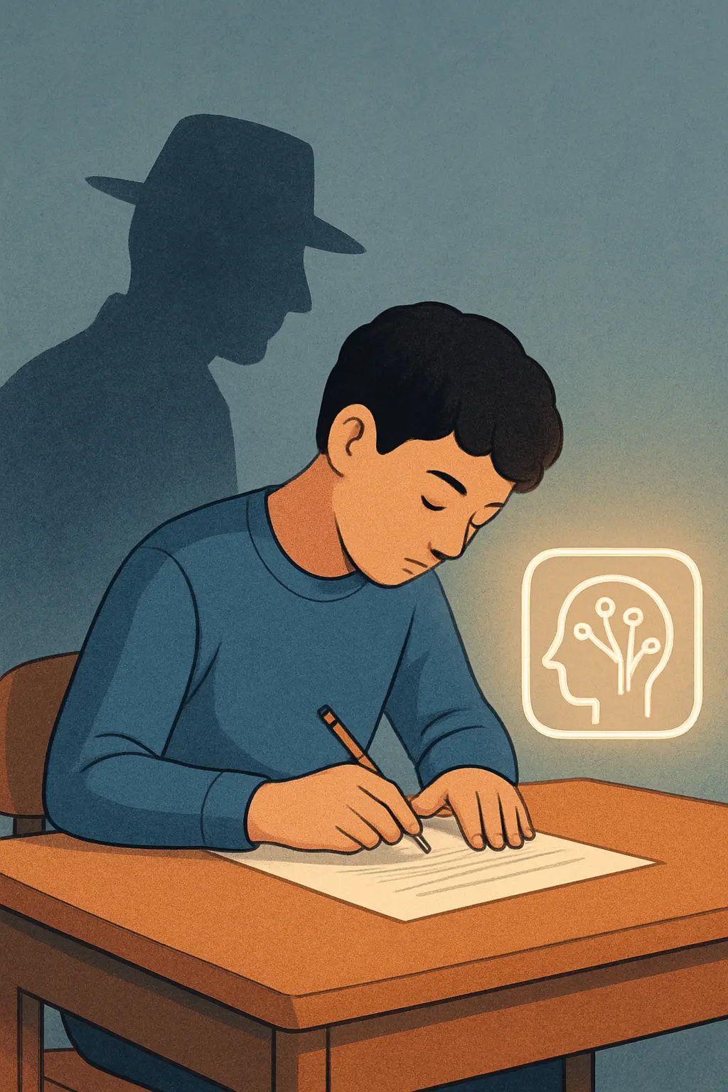 Editorielle Illustration einer Studentin, die selbstständig mit KI-Unterstützung schreibt, während eine Ghostwriter-Figur im Hintergrund verblasst