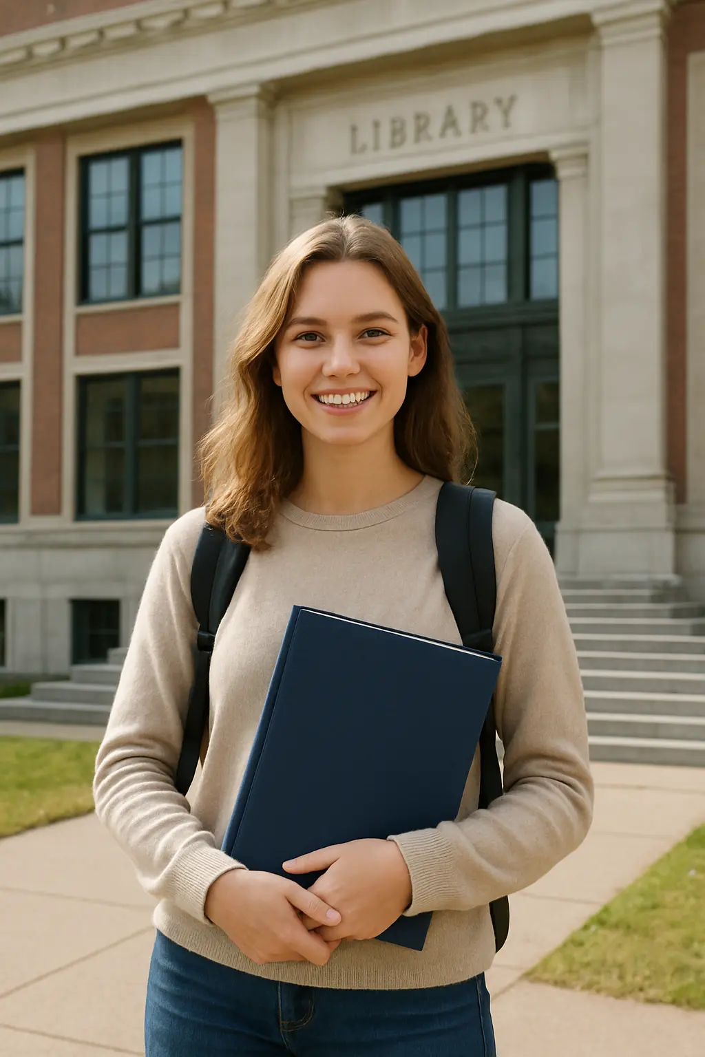 Studentin hält eine fertige Bachelorarbeit vor der Universitätsbibliothek