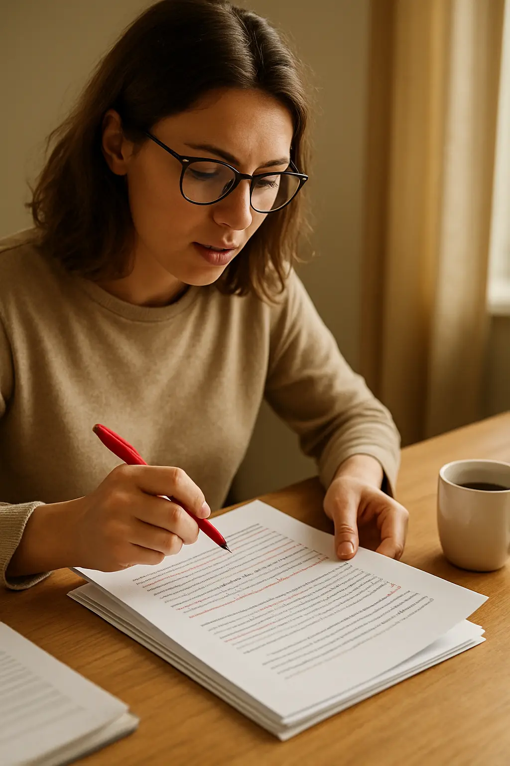Studierende liest ausgedruckte Seiten ihrer Bachelorarbeit laut vor und markiert Korrekturen