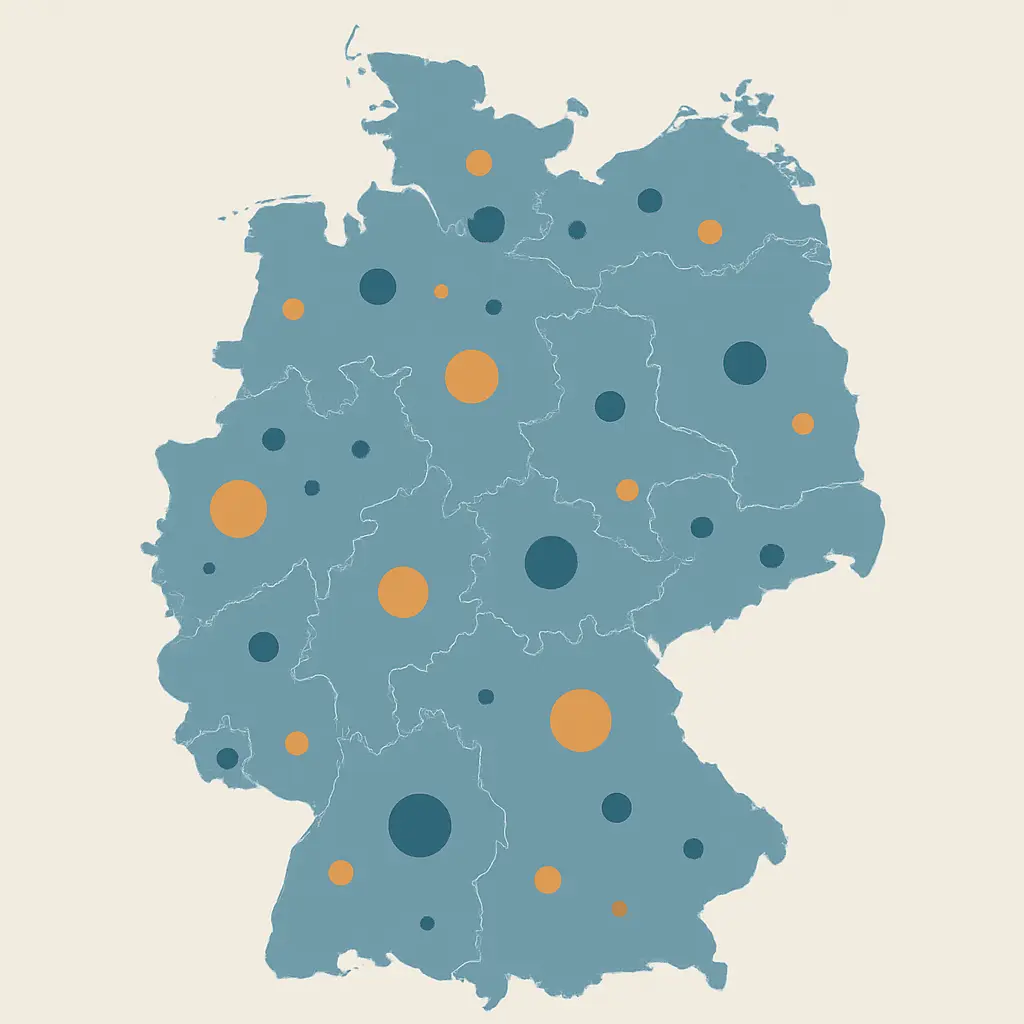 Stilisierte Deutschlandkarte mit unterschiedlich großen Punkten für die Studierendenzahlen je Bundesland