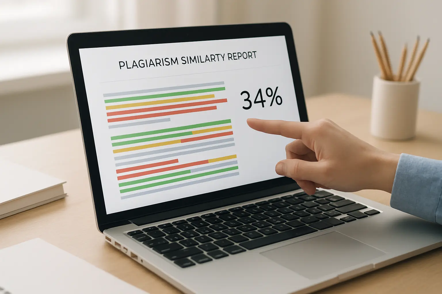 Nahaufnahme eines Plagiatsberichts auf einem Laptop-Bildschirm mit farblich markierten Textstellen in Grün, Gelb und Rot