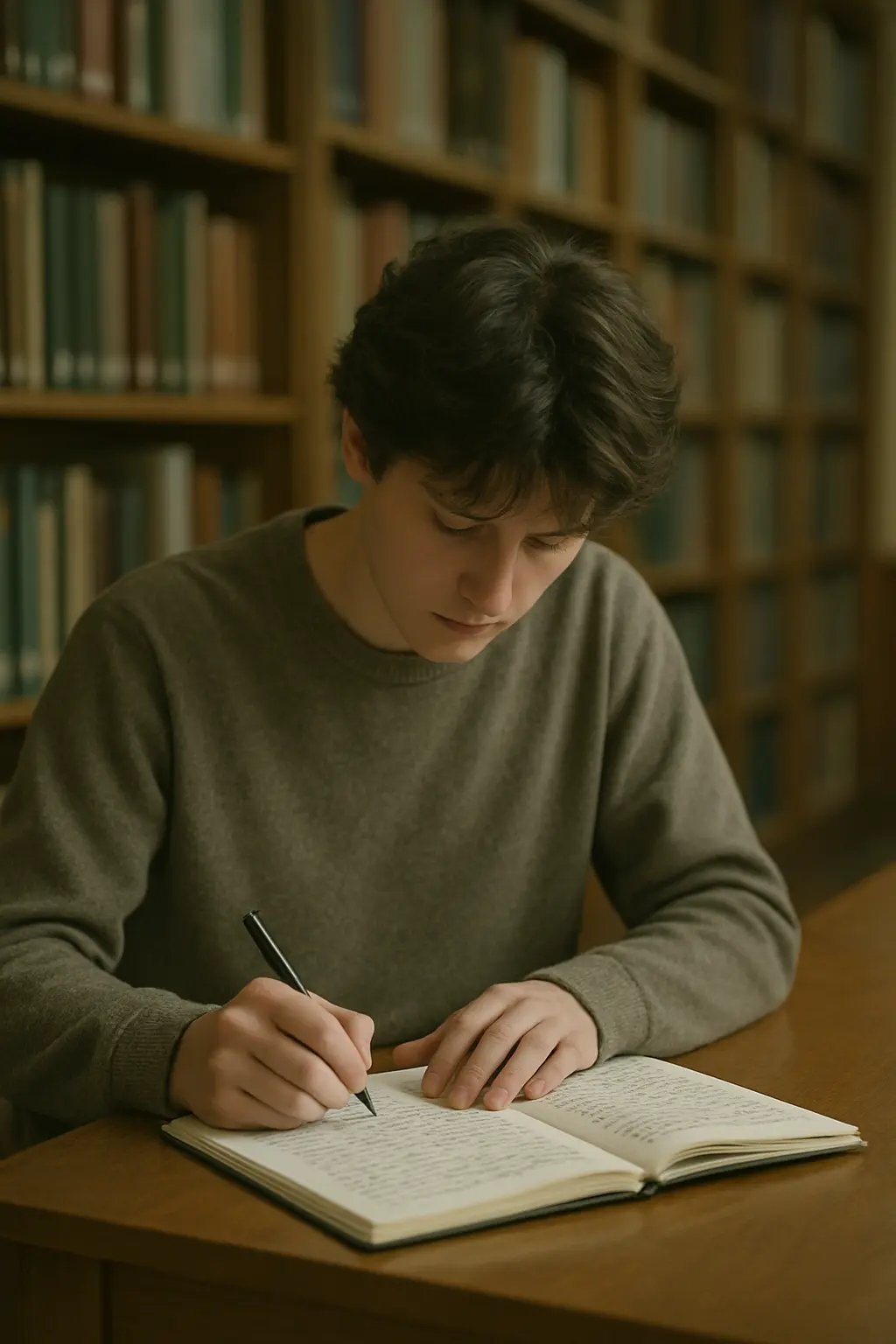 Studierende überprüft Notizen in einer ruhigen Bibliothek