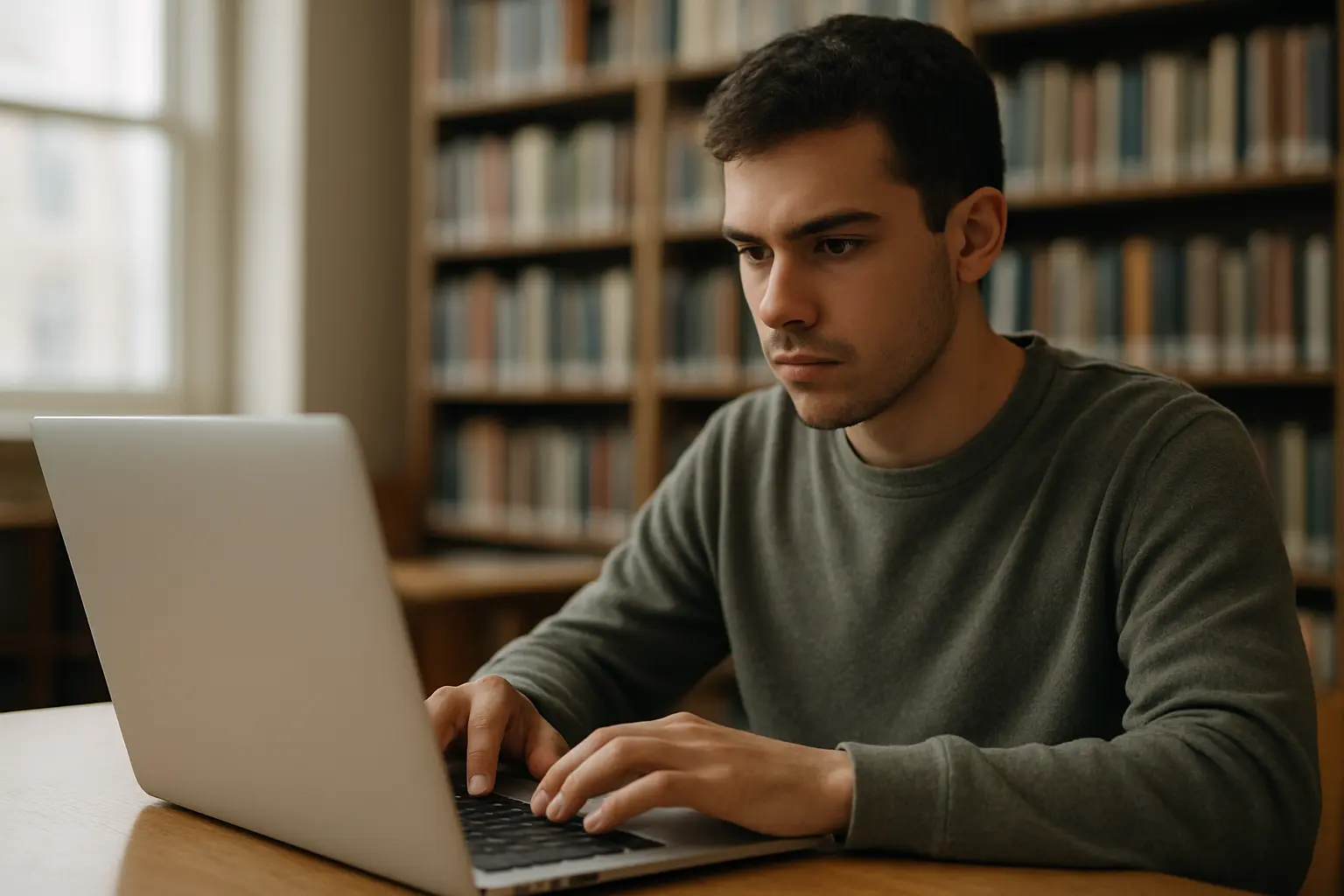 Eine Person überarbeitet konzentriert einen Text am Laptop in einer Bibliothek