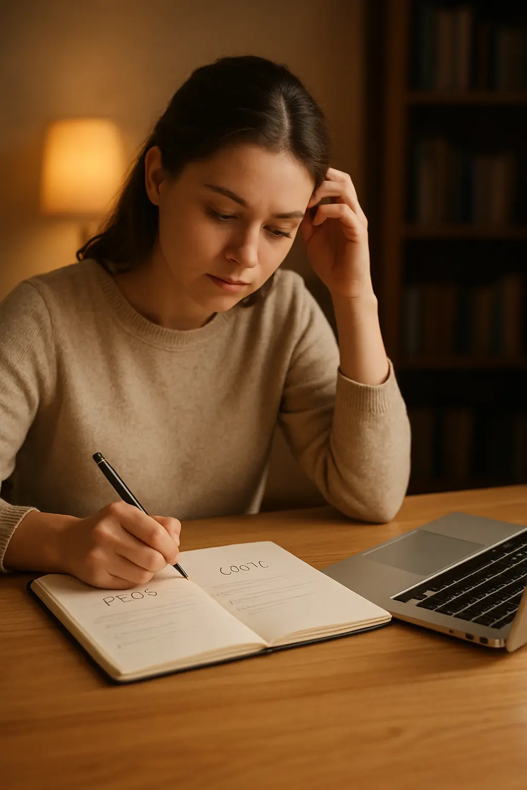 Studentin wägt Vor- und Nachteile zweier Softwarelösungen in einem Notizbuch ab