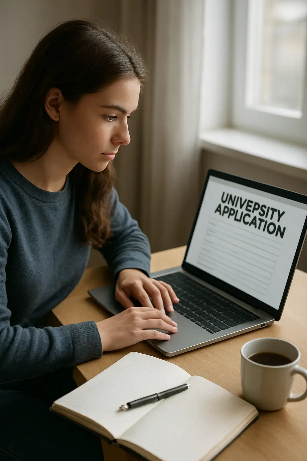 Studentin füllt eine Universitätsbewerbung am Laptop aus