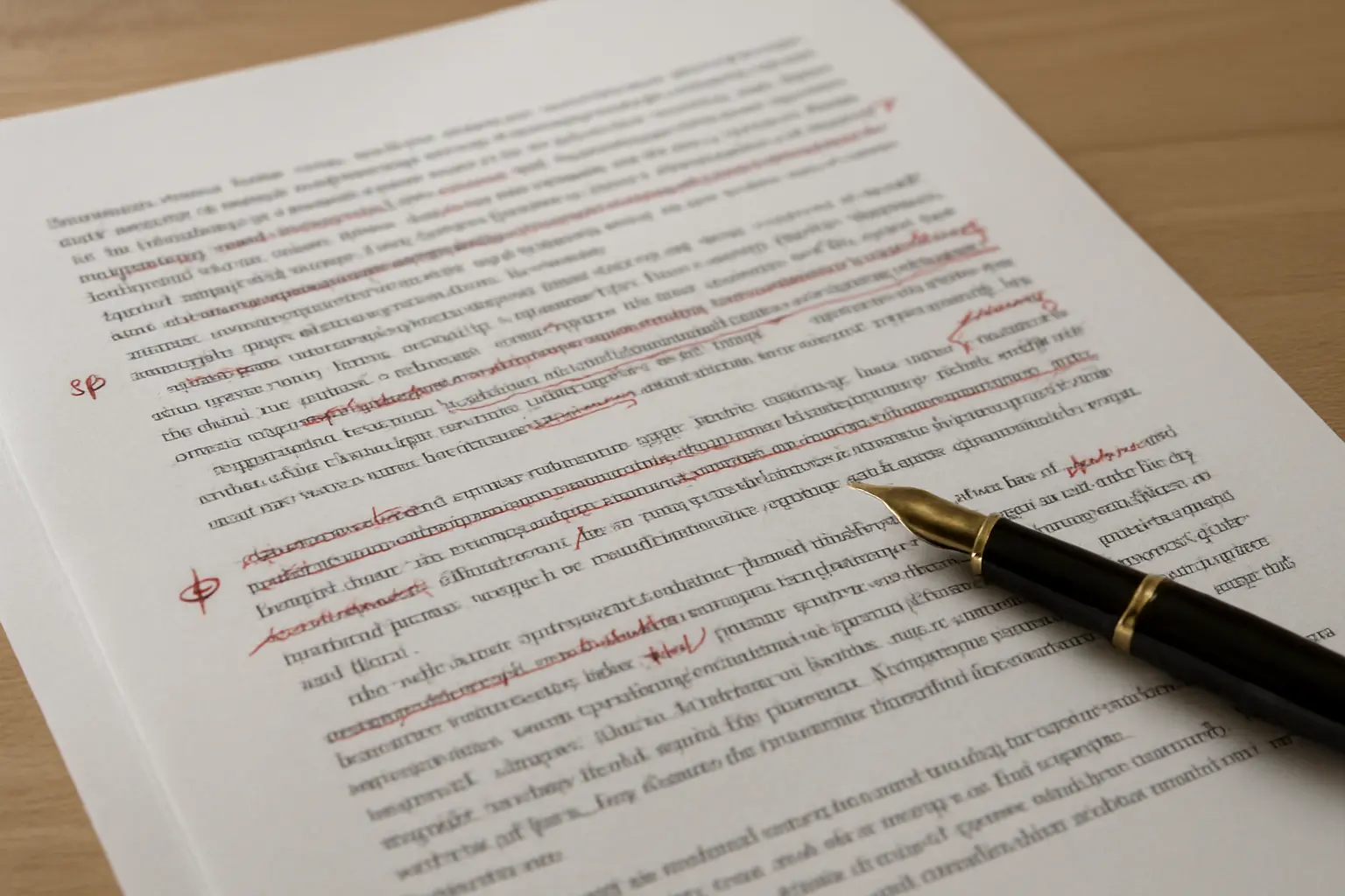 Nahaufnahme von Manuskriptseiten mit handschriftlichen Korrekturen in roter Farbe