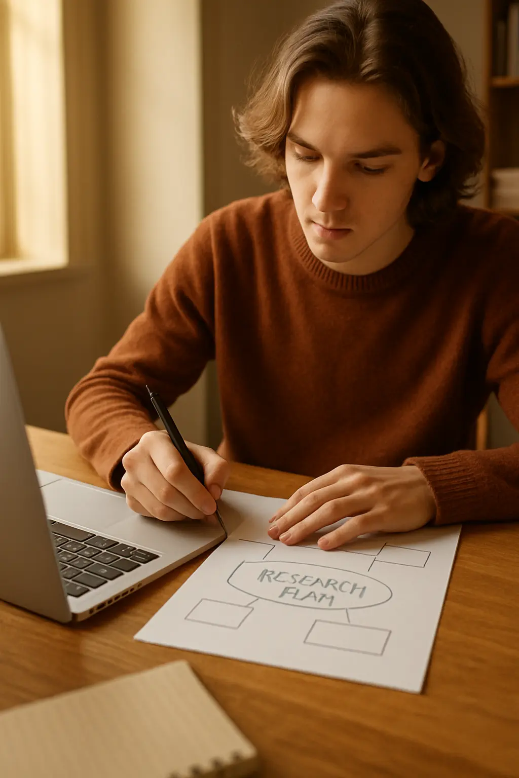 Studentin skizziert einen Forschungsplan mit geöffnetem Laptop