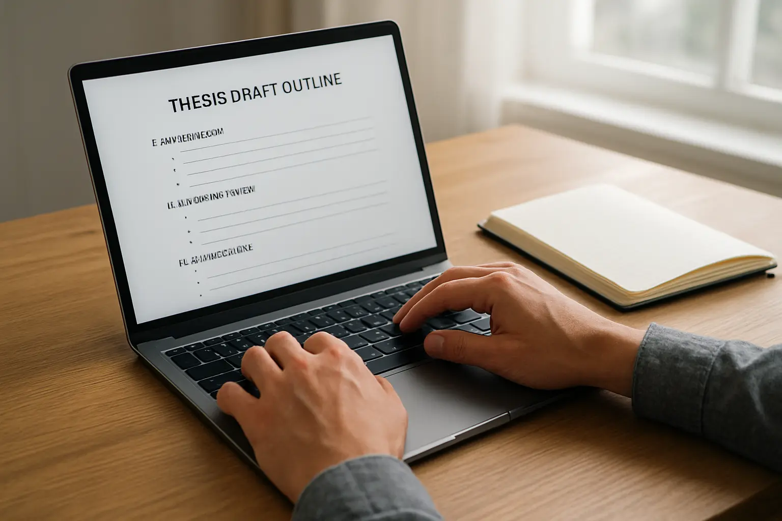 Nahaufnahme einer Tastatur mit Gliederung einer wissenschaftlichen Arbeit auf dem Bildschirm