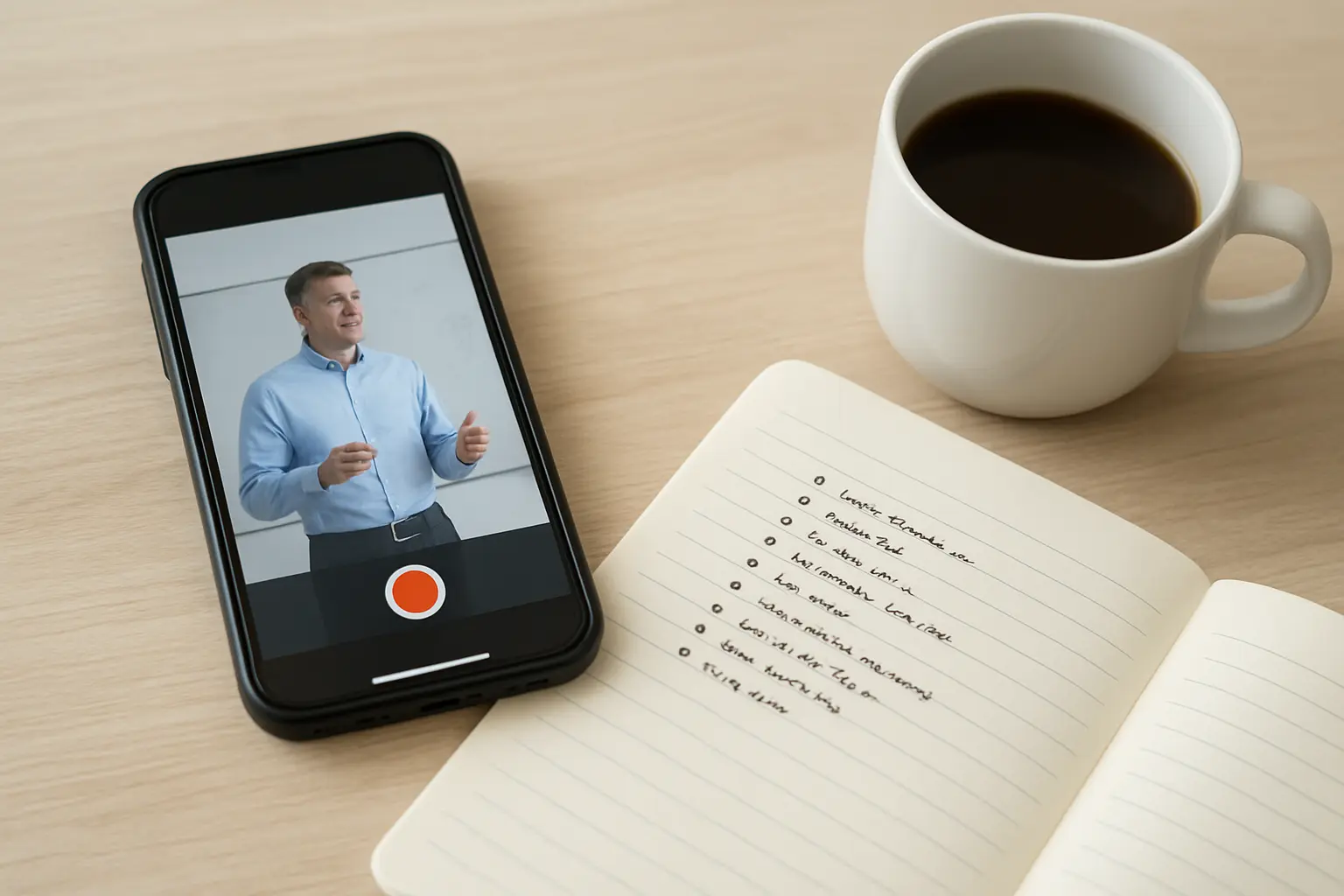 Smartphone beim Mitschnitt einer Vorlesung neben strukturierten Notizen als Sinnbild für einen KI-gestützten Studienworkflow