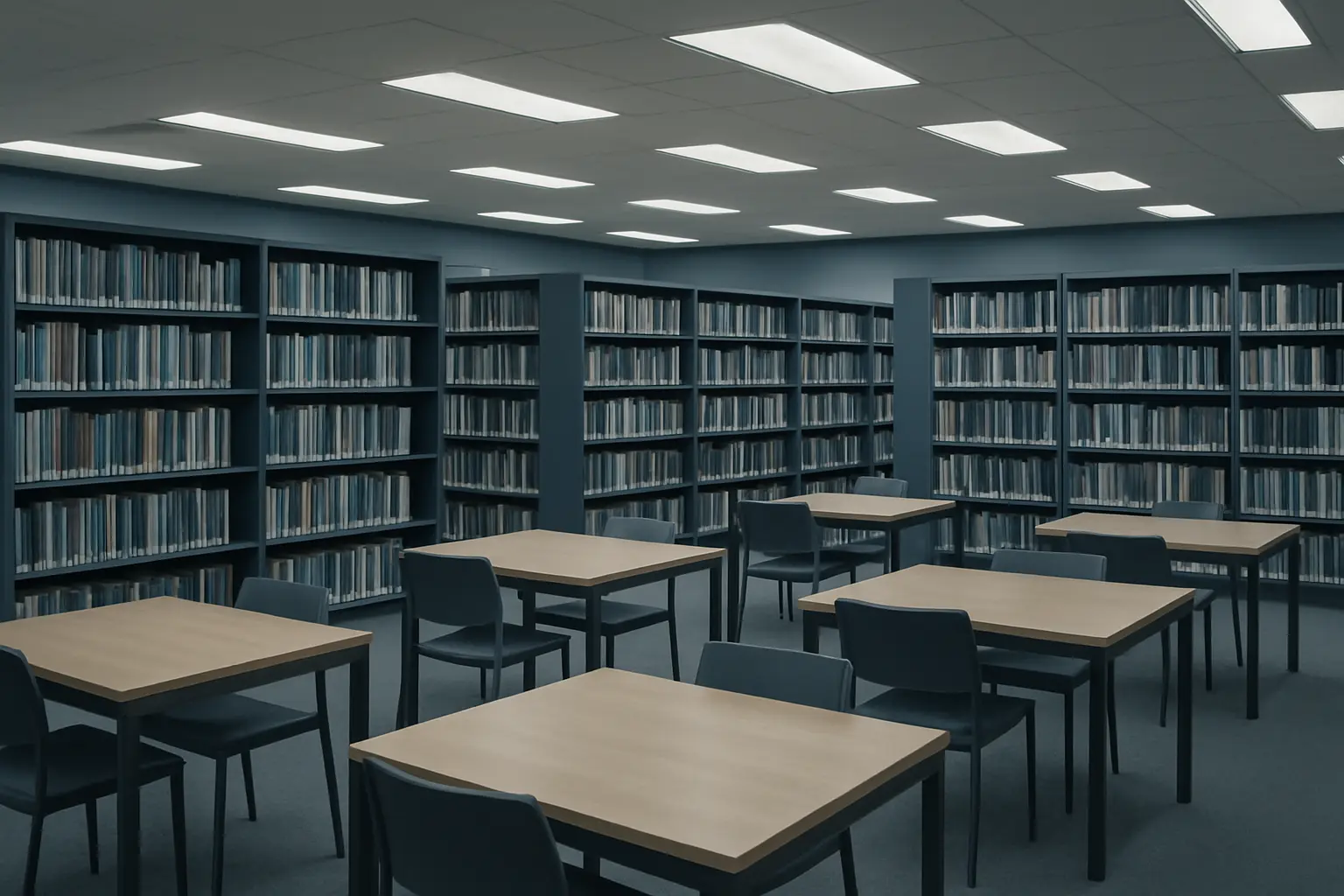 Moderne Universitätsbibliothek für Informatik mit Bücherregalen und Lesetischen