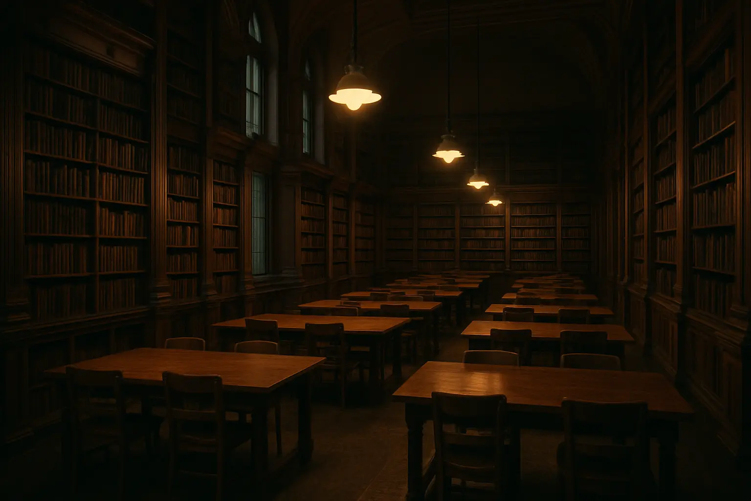 Historischer Lesesaal einer Universitätsbibliothek mit hohen Bücherregalen