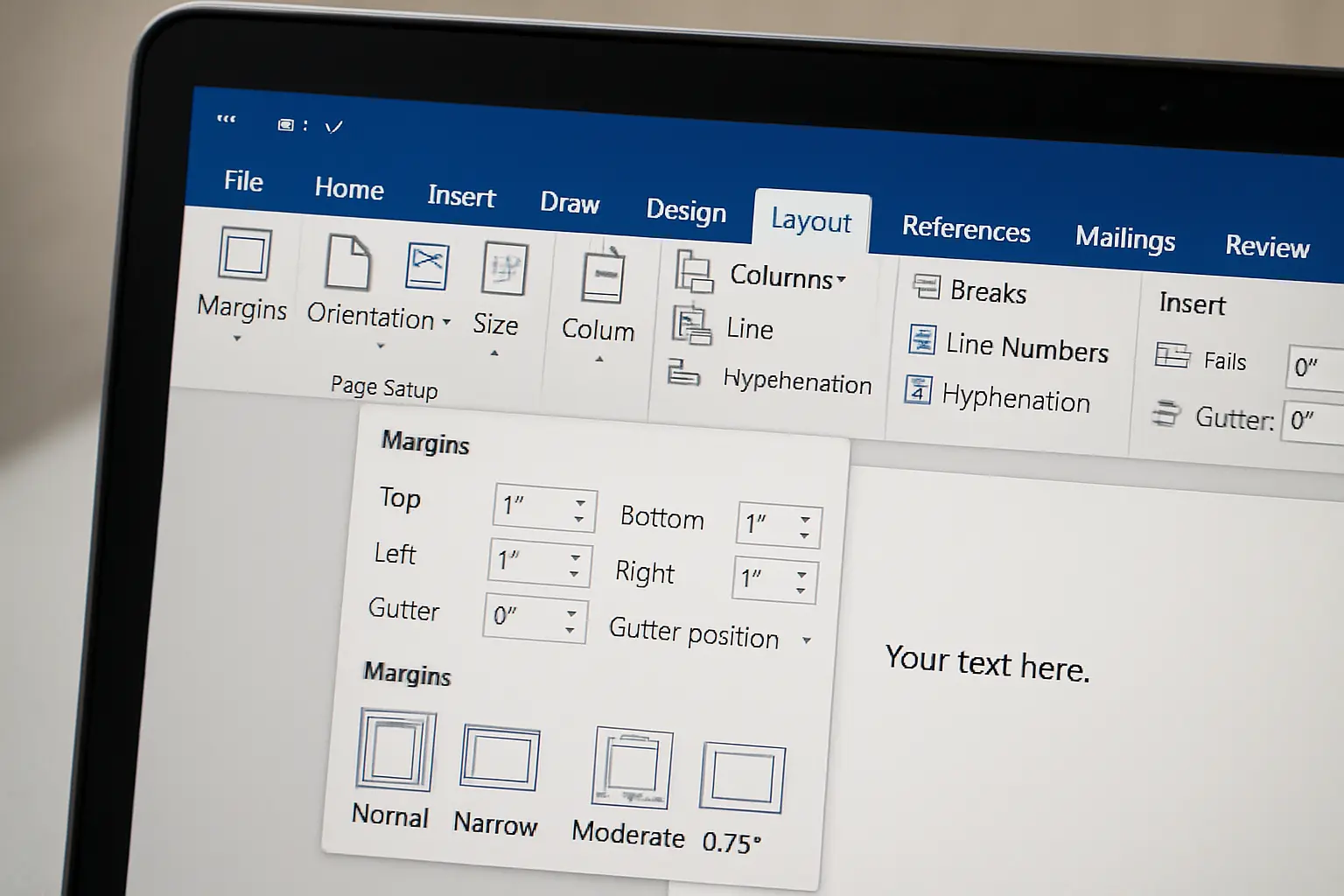 Formatierungseinstellungen für Seitenränder und Zeilenabstand in Word