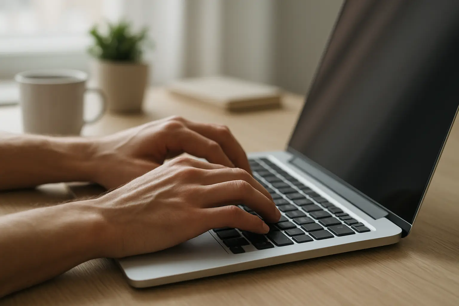 Hände tippen auf einer Tastatur vor einem Laptop-Bildschirm