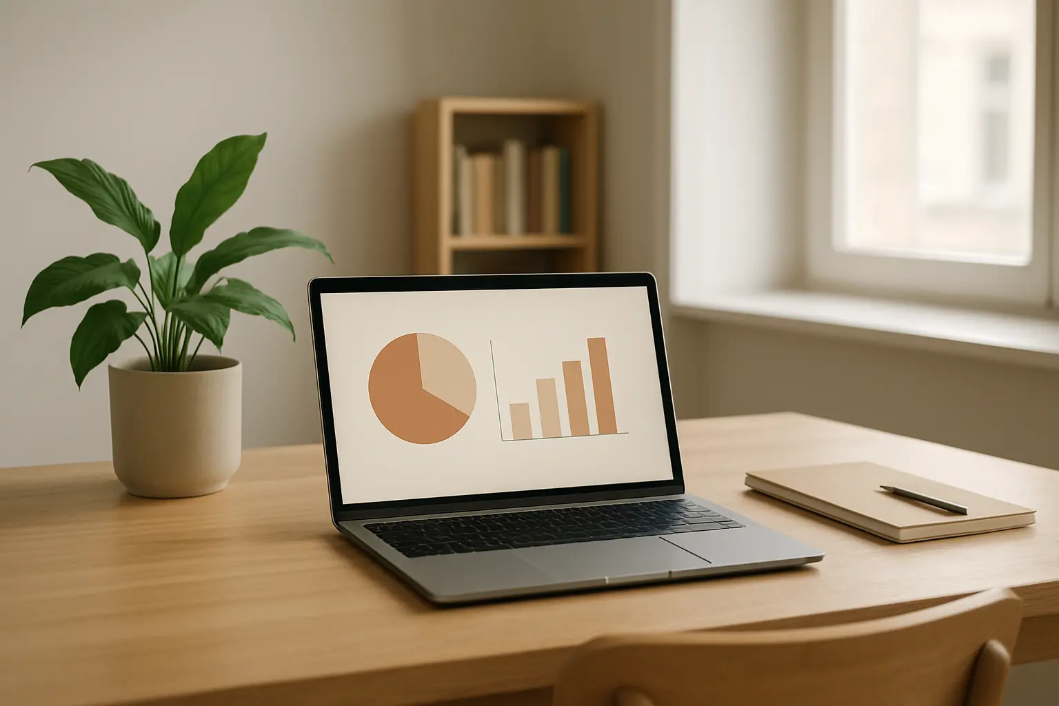 Heller Arbeitsraum mit Laptop, der abstrakte Diagramme zeigt