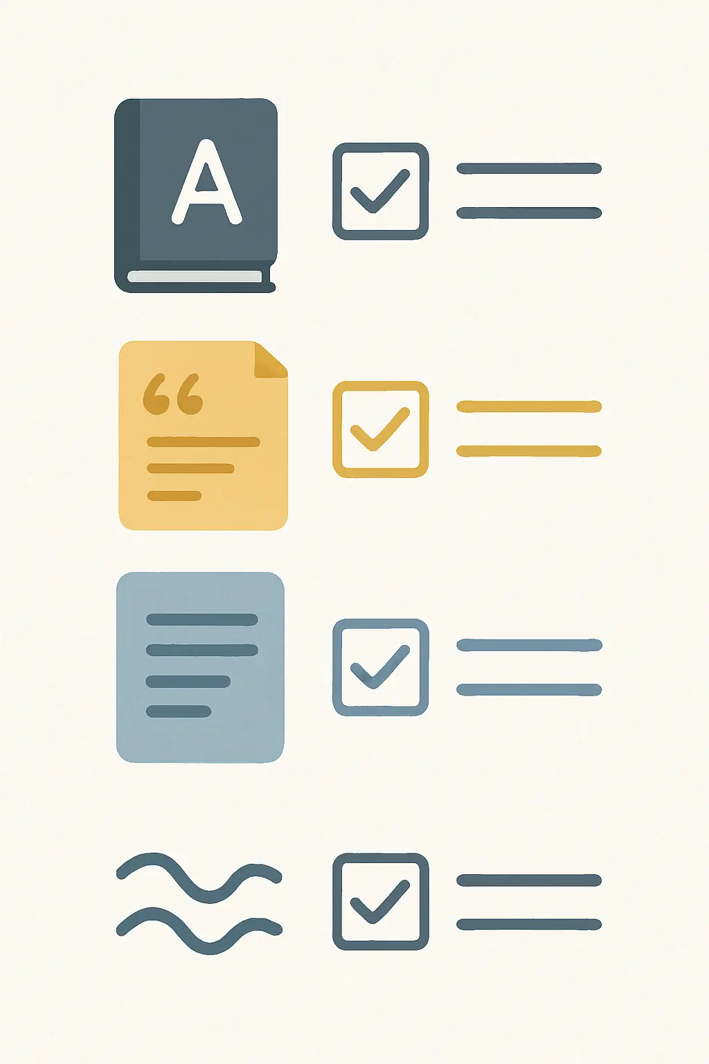 Checkliste mit Symbolen für Grammatik, Zitierstil, Formatierung und Kohärenz beim wissenschaftlichen Lektorat