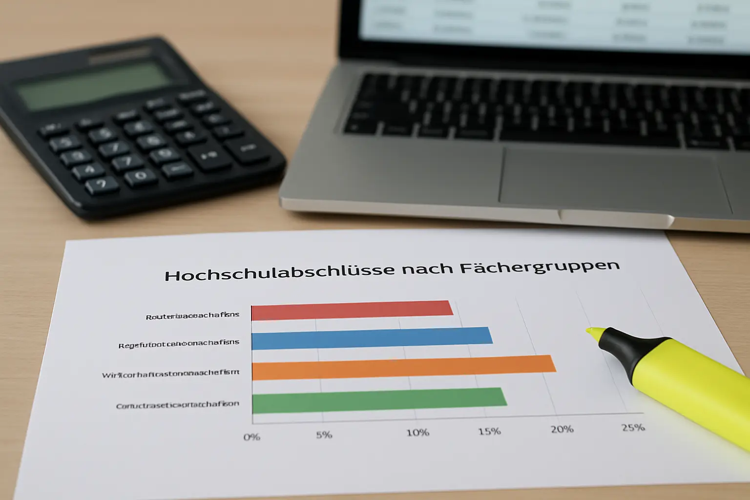 Gedrucktes Balkendiagramm zu Hochschulabschlüssen nach Fächergruppen auf einem Schreibtisch