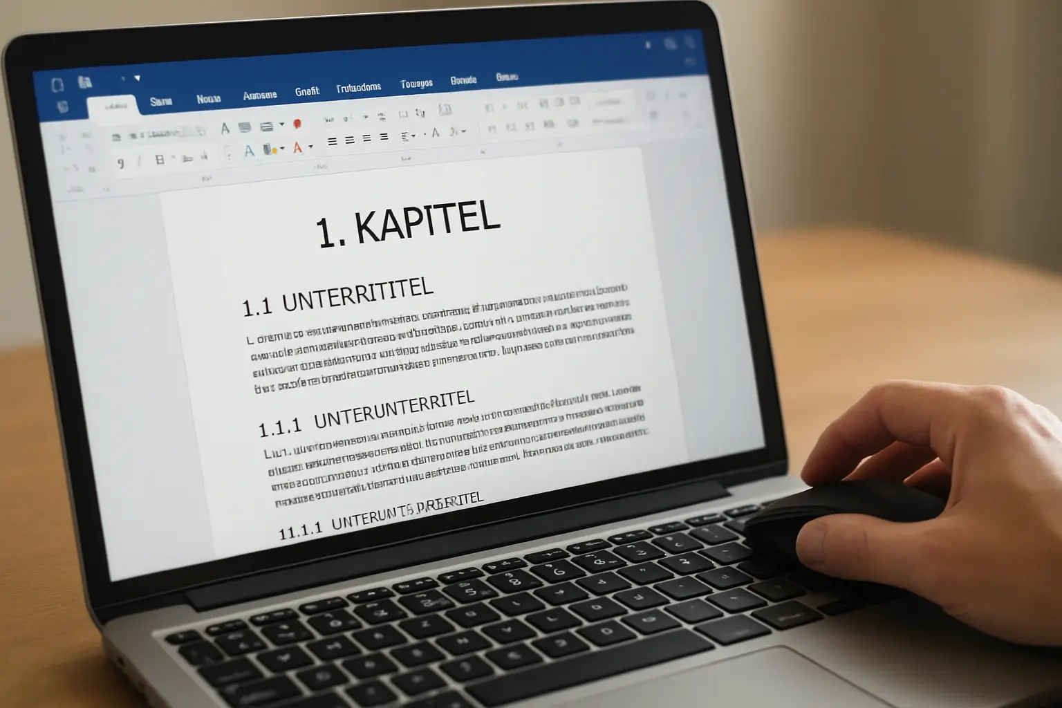 Word-Dokument mit klar strukturierten Kapitelüberschriften in unterschiedlichen Hierarchieebenen am Laptop