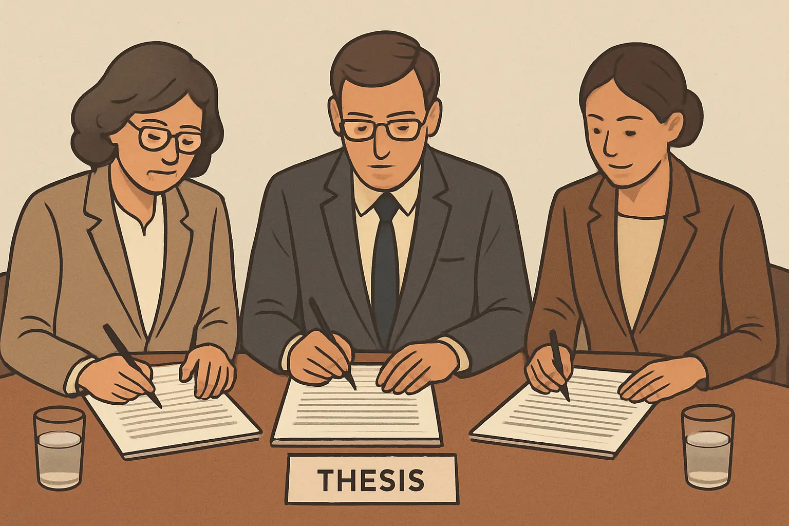 Prüfungskommission sitzt am Tisch und macht sich Notizen zur gedruckten Bachelorarbeit