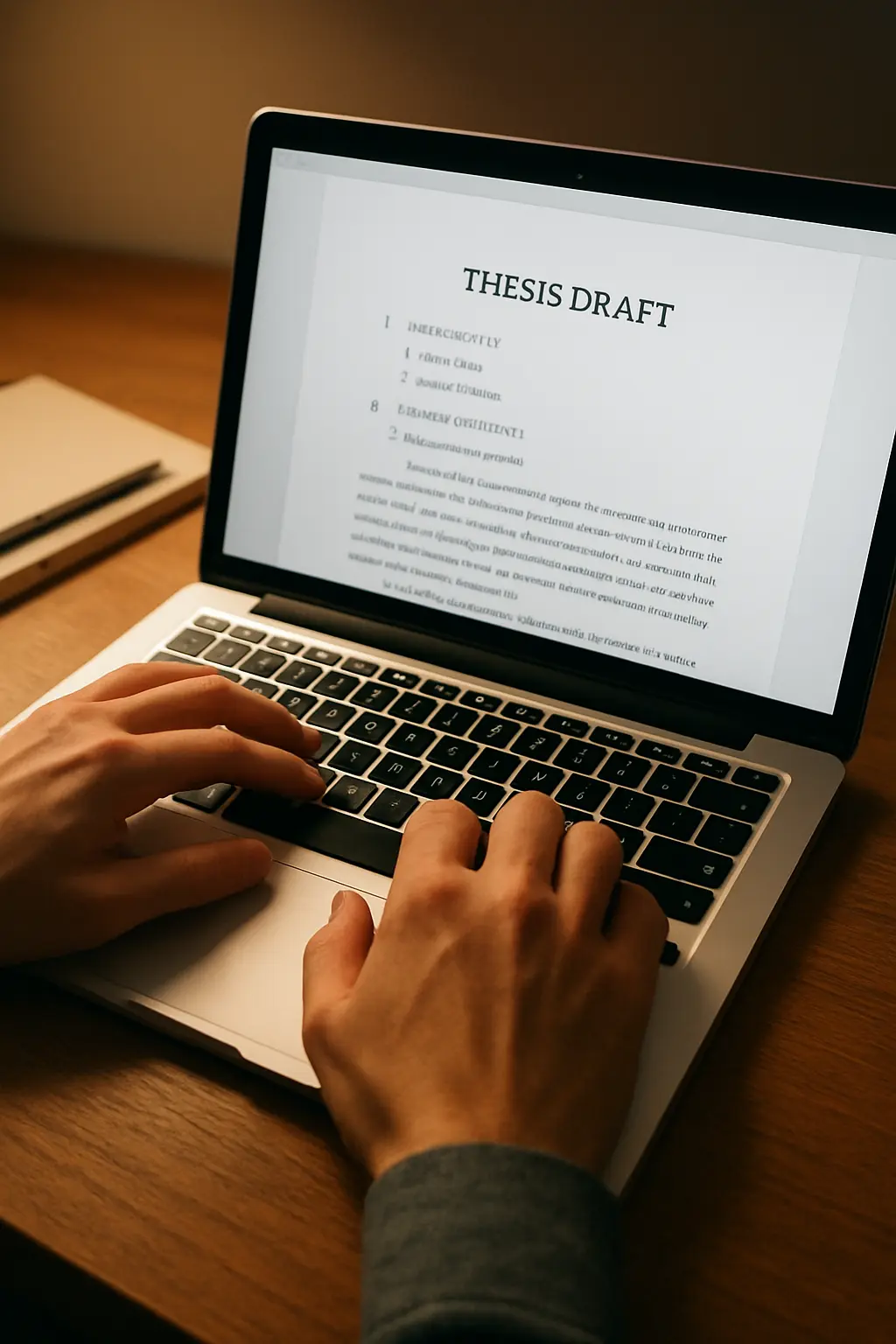 Hände tippen auf einer Laptop-Tastatur, Bildschirm zeigt einen Entwurf und eine Gliederung einer Abschlussarbeit