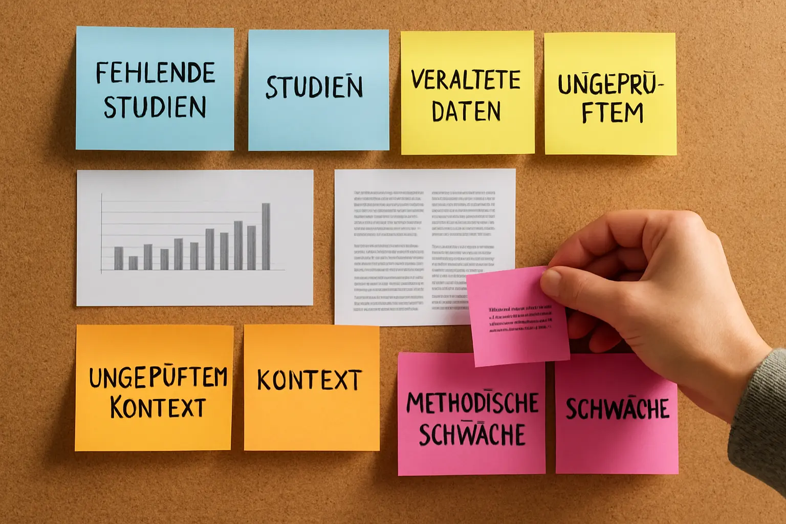 Pinnwand mit vier Kategorien von Forschungslücken aus wissenschaftlicher Literatur sortiert