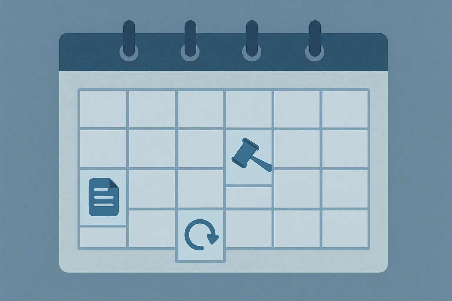 Editorielle Timeline-Illustration mit Kalender und markierten Fristen als Sinnbild für Widerspruchs- und Wiederholungsfristen