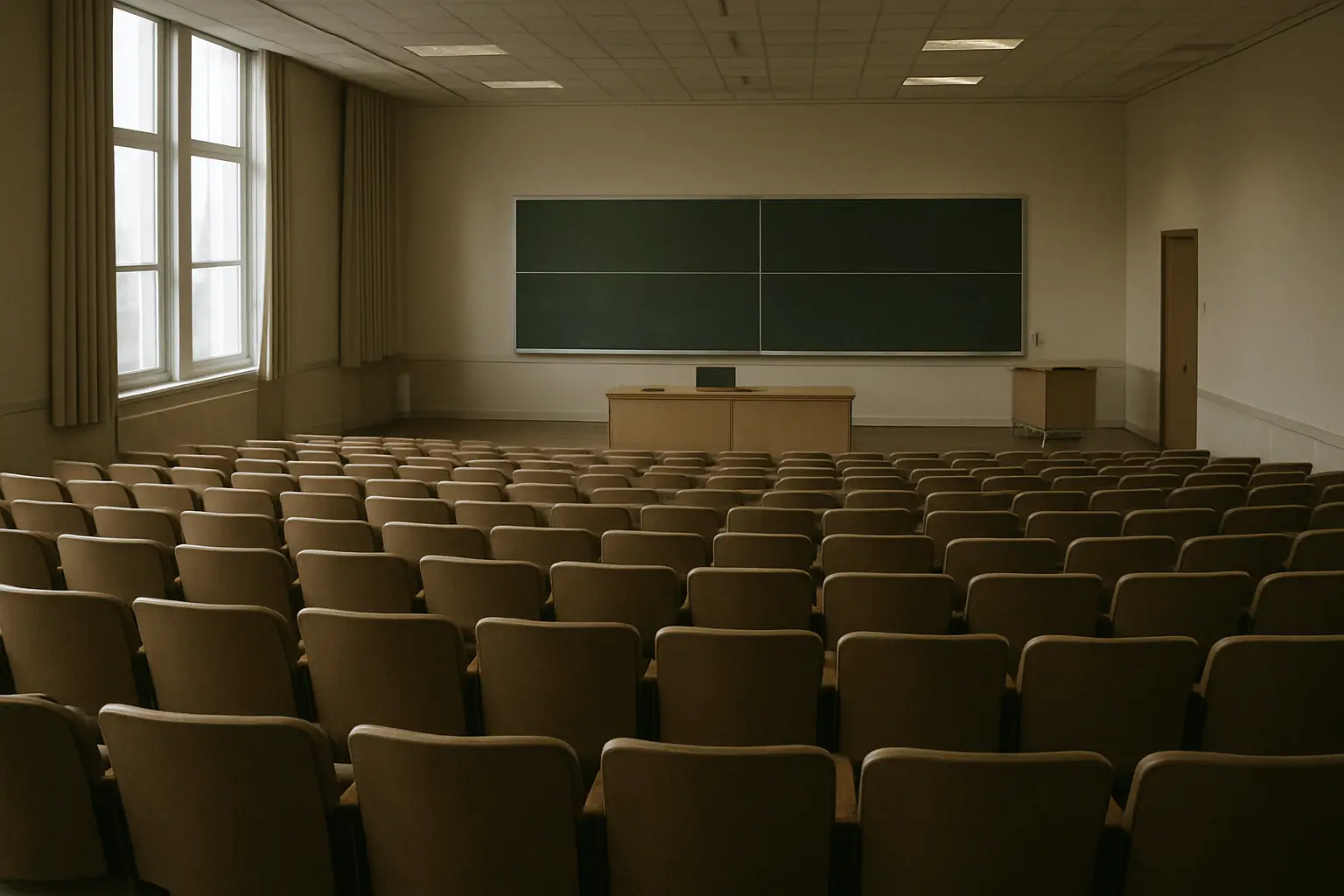 Großer Hörsaal einer medizinischen Fakultät, aufgenommen von den hinteren Sitzreihen