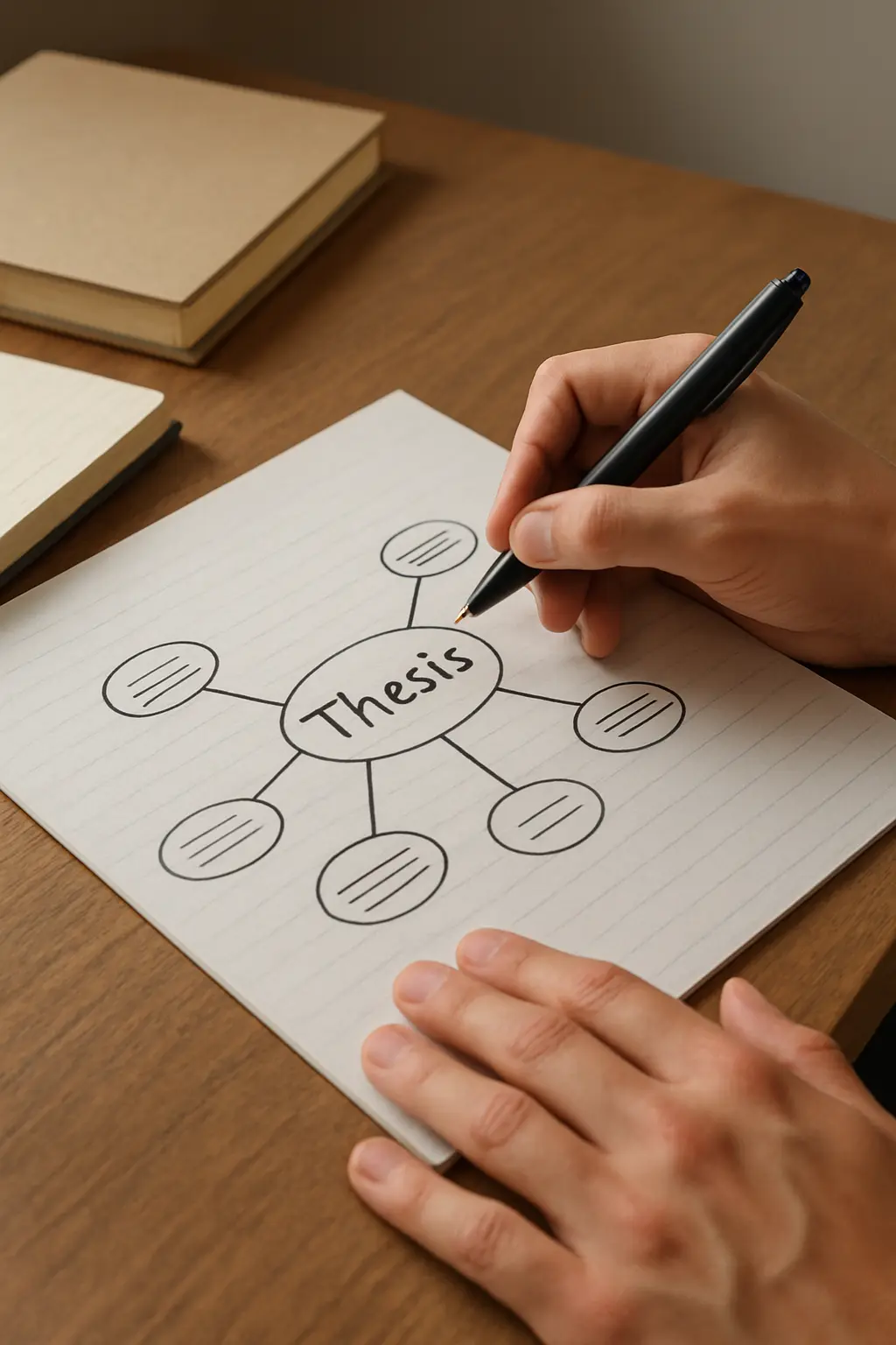 Hände skizzieren eine Gliederung und Mindmap für die Bachelorarbeit auf Papier