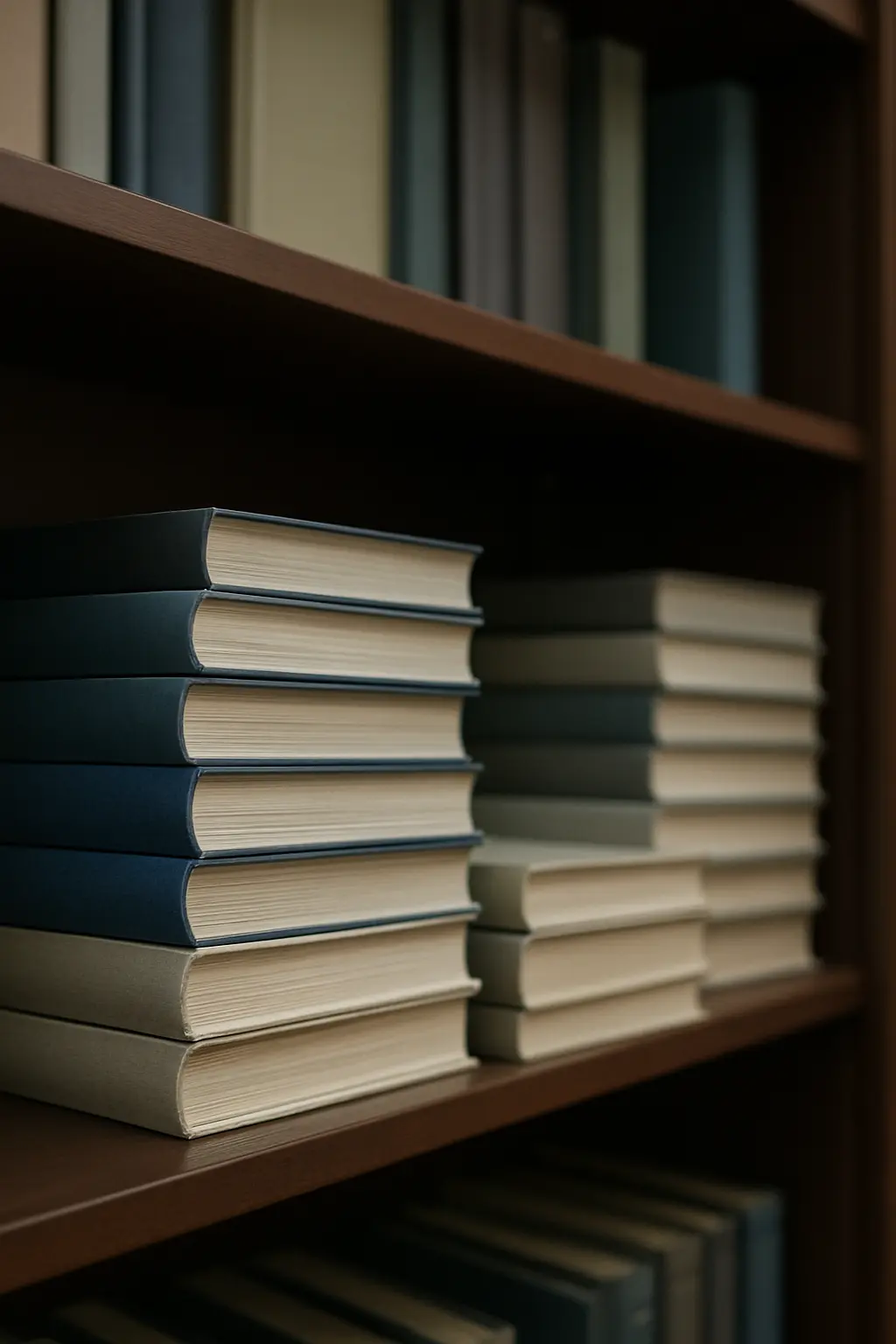 Gestapelte gebundene Doktorarbeiten auf einem Bibliotheksregal