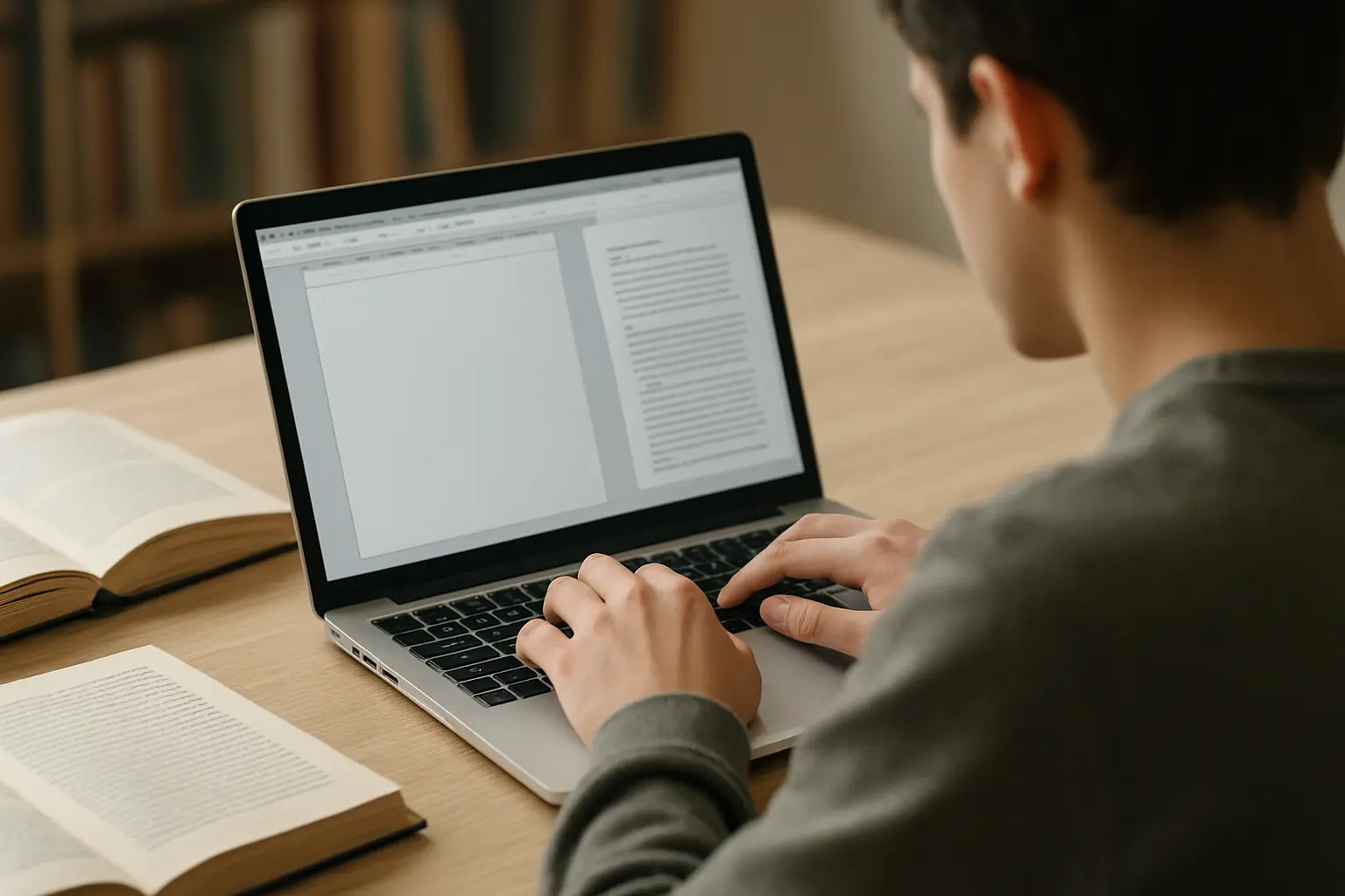 Studentin tippt an einem Laptop mit geöffnetem Dokumenteneditor und Quellenverzeichnis