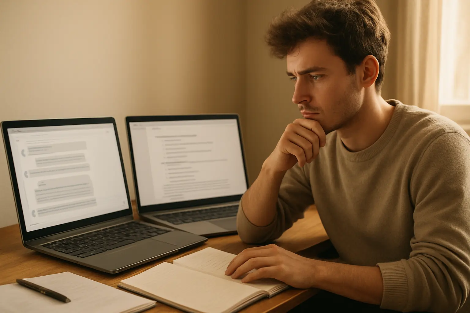 Student vergleicht ein Chat-Fenster mit einer strukturierten Gliederung für die Bachelorarbeit
